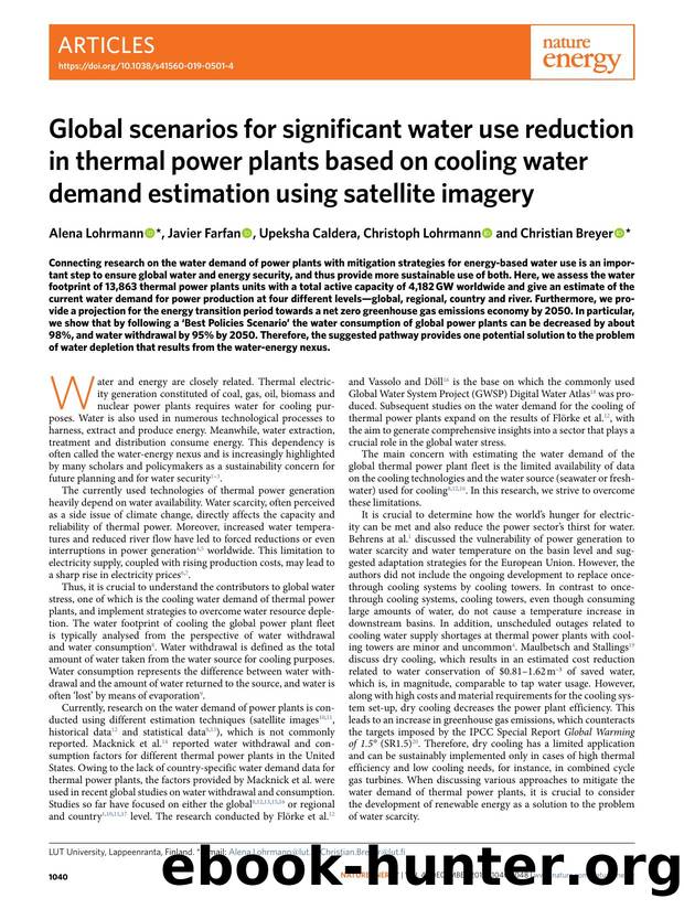 Global scenarios for significant water use reduction in thermal power plants based on cooling water demand estimation using satellite imagery by Alena Lohrmann & Javier Farfan & Upeksha Caldera & Christoph Lohrmann & Christian Breyer