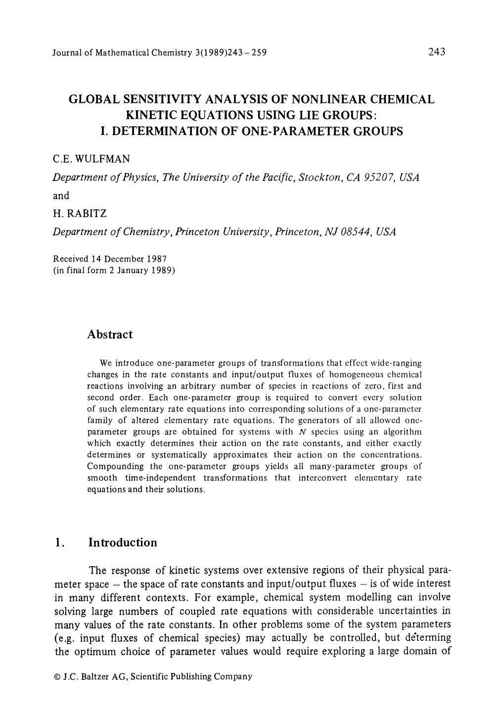 Global sensitivity analysis of nonlinear chemical kinetic equations using lie groups: I. Determination of one-parameter groups by Unknown
