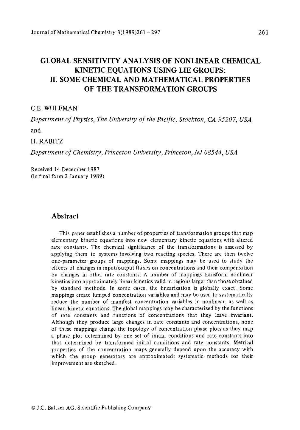 Global sensitivity analysis of nonlinear chemical kinetic equations using lie groups: II. Some chemical and mathematical properties of the transformation groups by Unknown