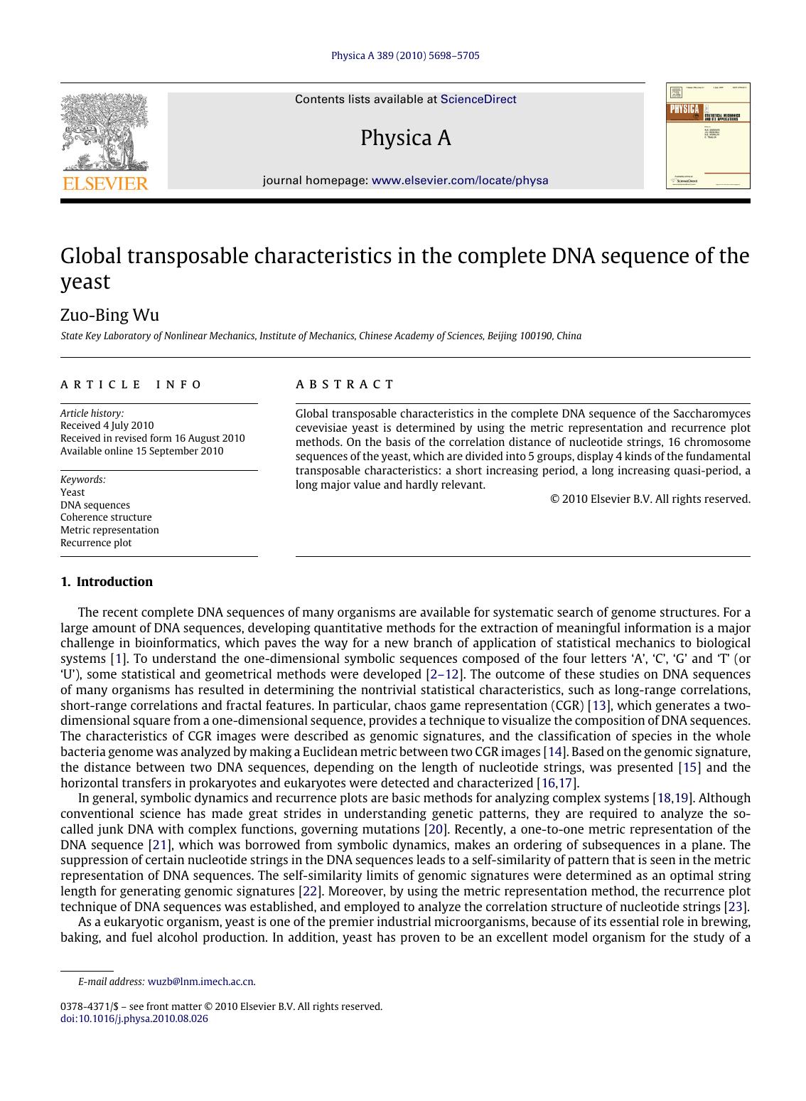 Global transposable characteristics in the complete DNA sequence of the yeast by Zuo-Bing Wu