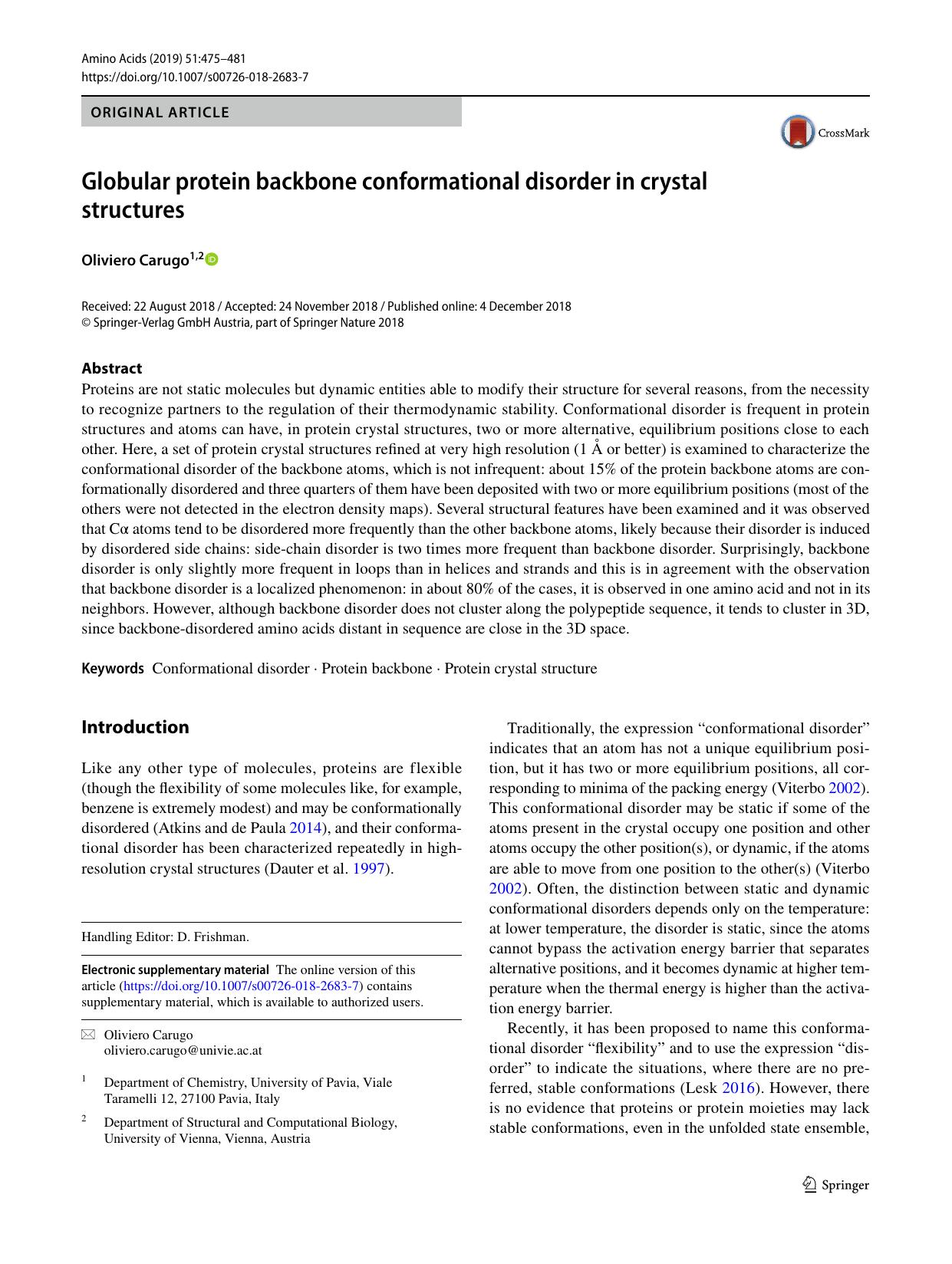 Globular protein backbone conformational disorder in crystal structures by Oliviero Carugo