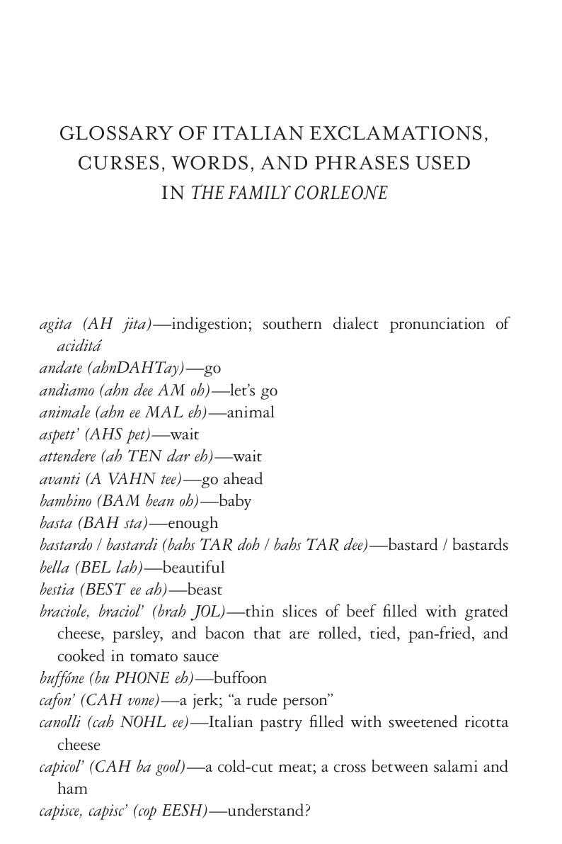 Glossary of Italian Used in The Family Corleone by Unknown