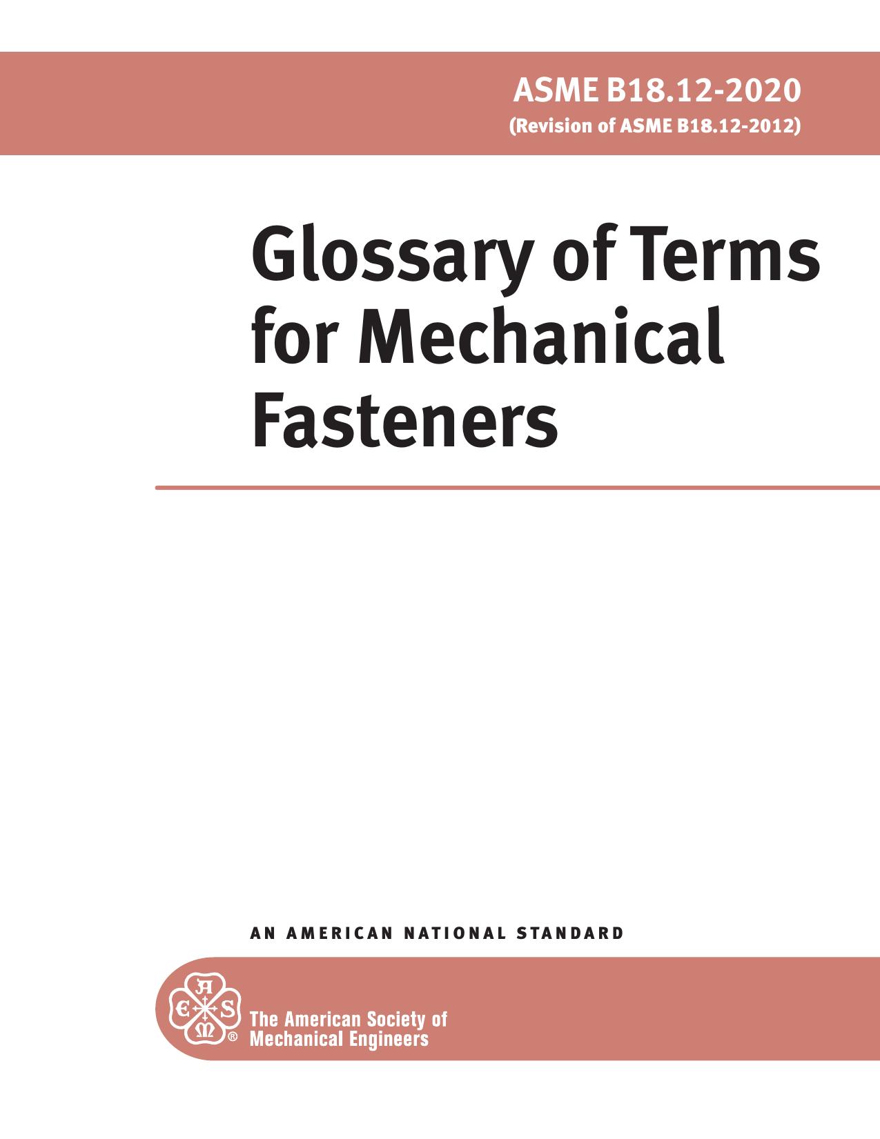 Glossary of Terms for Mechanical Fasteners by ASME