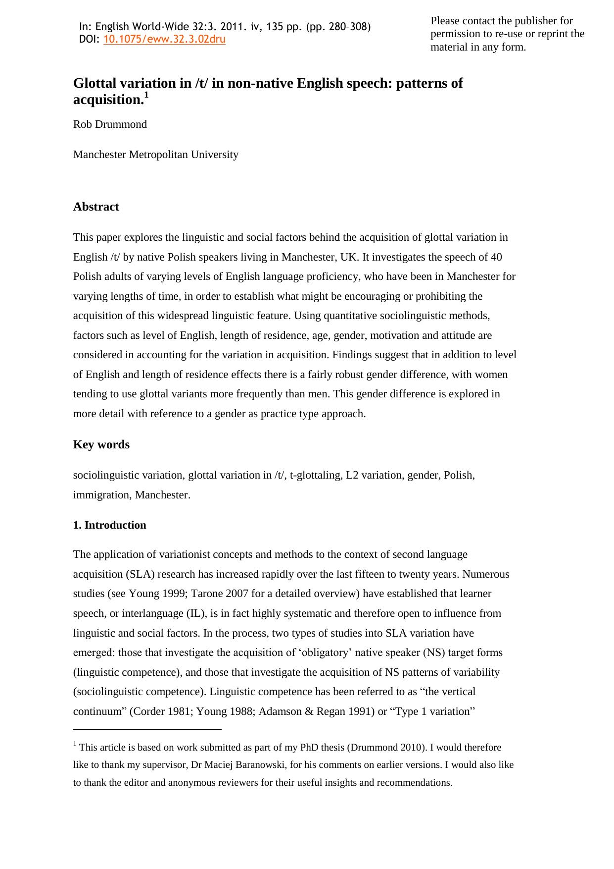 Glottal variation in non-native English speech: patterns of acquisition by Drummond Rob
