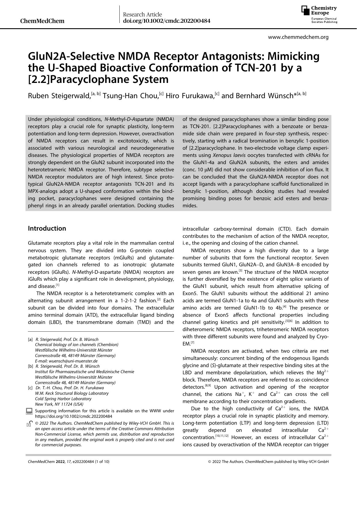 GluN2AâSelective NMDA Receptor Antagonists: Mimicking the UâShaped Bioactive Conformation of TCNâ201 by a [2.2]Paracyclophane System by Unknown
