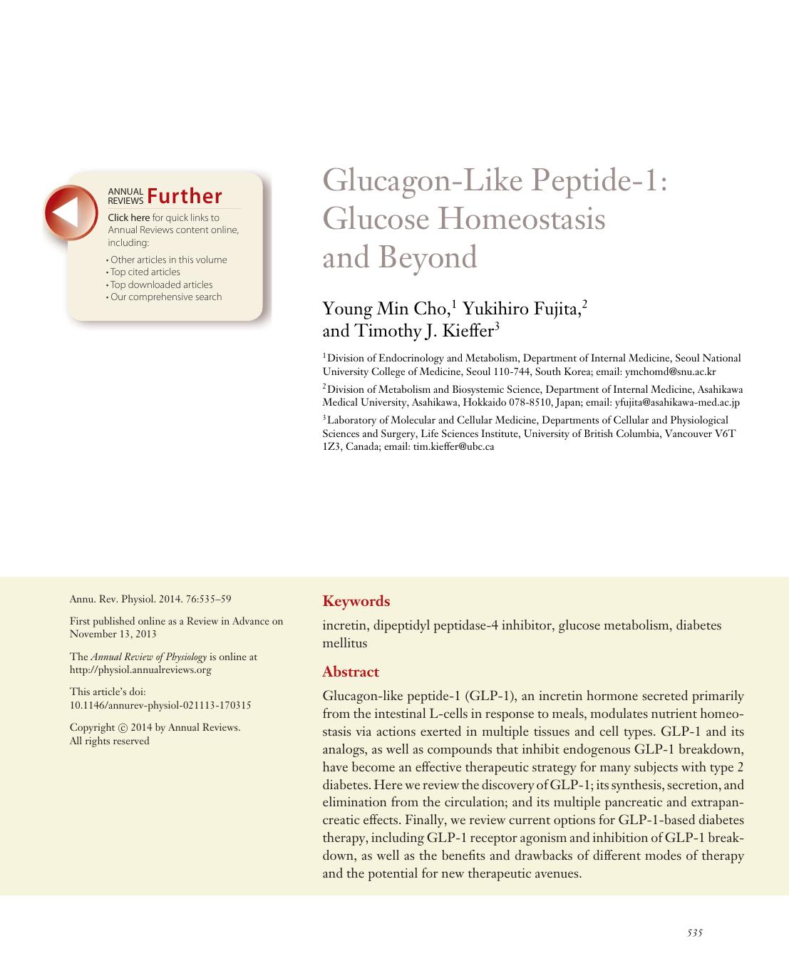 Glucagon-Like Peptide-1: Glucose Homeostasis and Beyond by Young Min Cho Yukihiro Fujita Timothy J. Kieffer