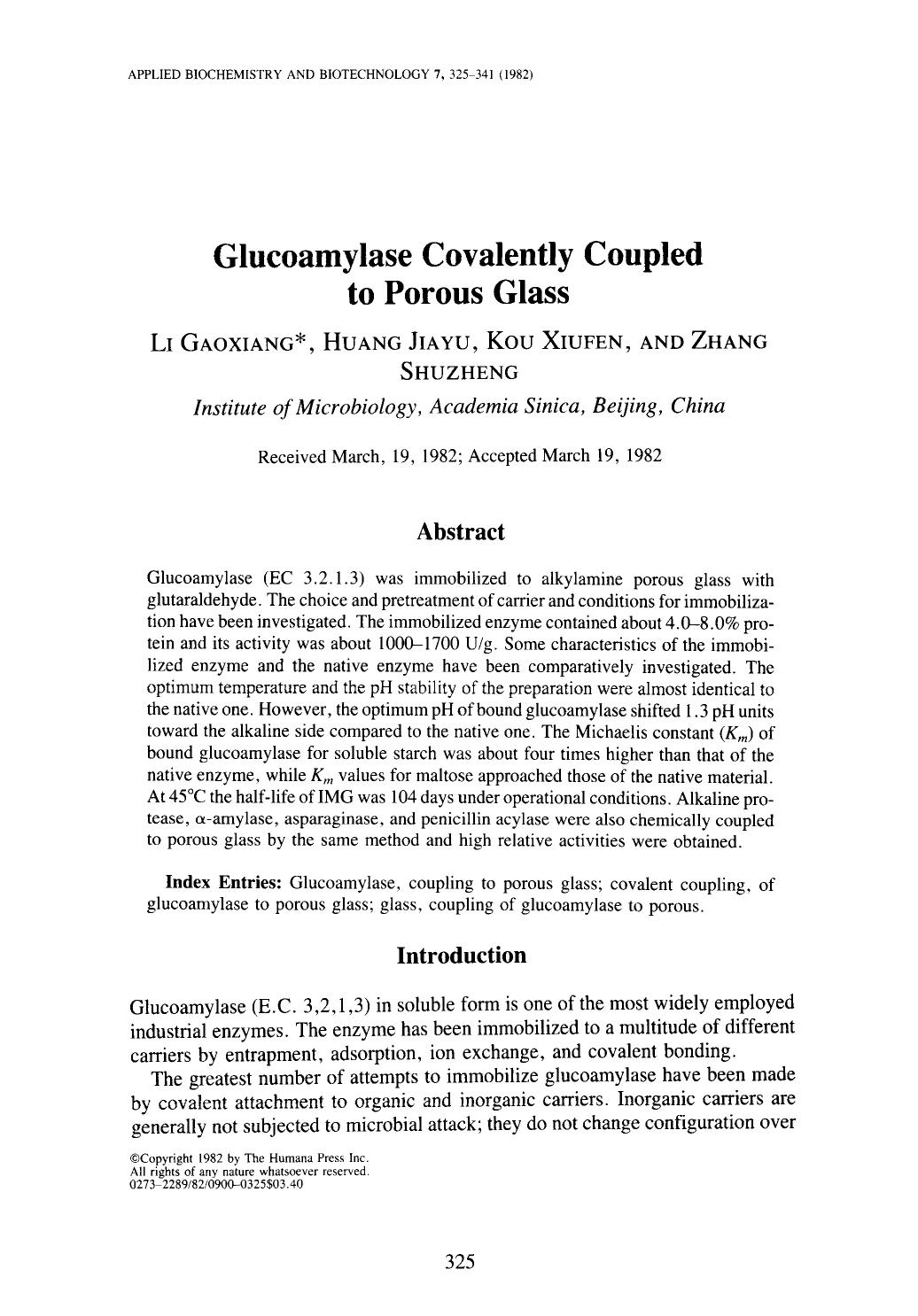 Glucoamylase covalently coupled to porous glass by Unknown