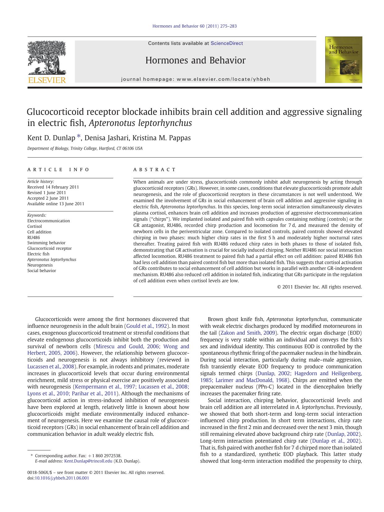 Glucocorticoid receptor blockade inhibits brain cell addition and aggressive signaling in electric fish, Apteronotus leptorhynchus by Kent D. Dunlap & Denisa Jashari & Kristina M. Pappas