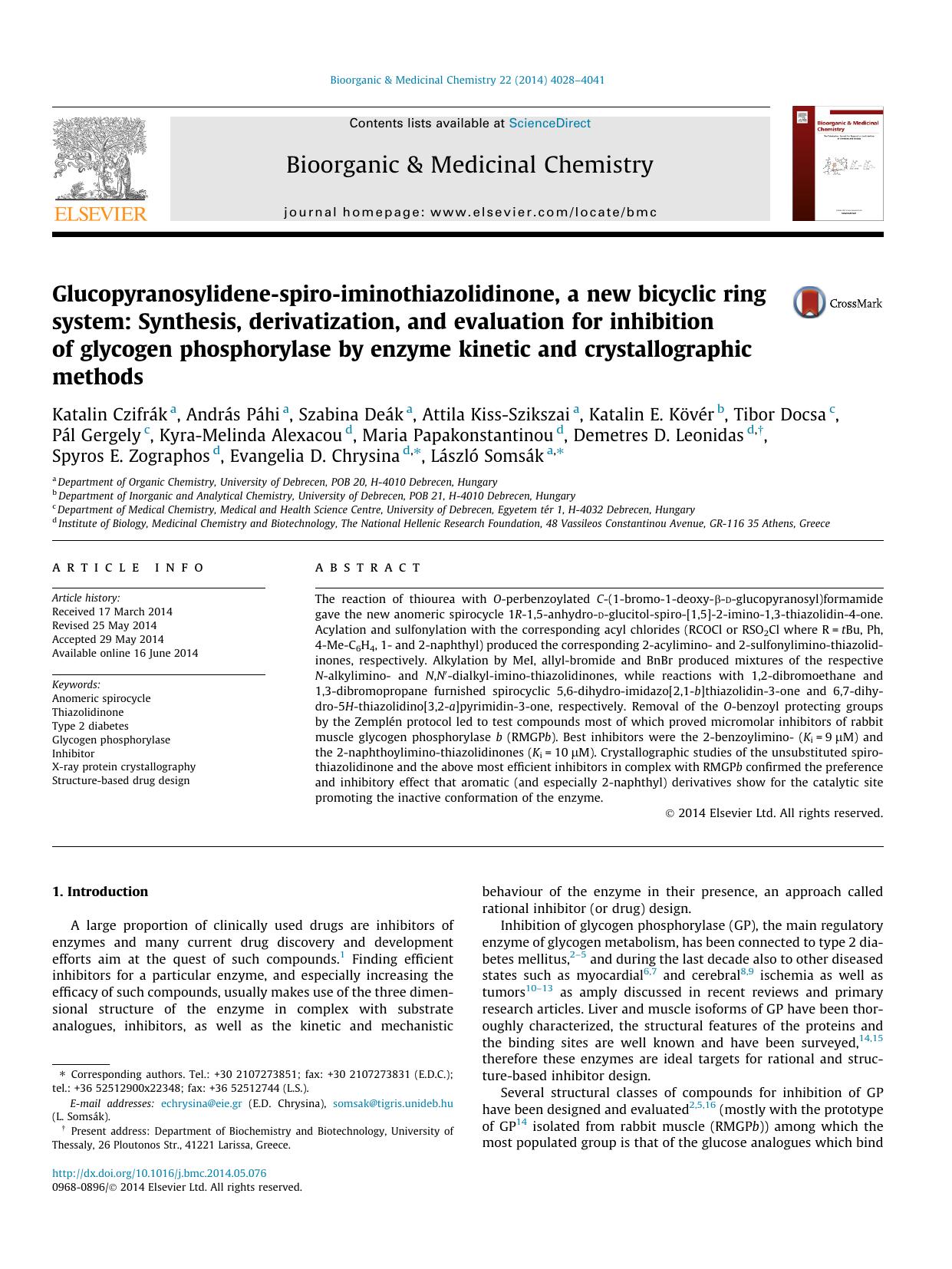 Glucopyranosylidene-spiro-iminothiazolidinone, a new bicyclic ring system: Synthesis, derivatization, and evaluation for inhibition of glycogen phosphorylase by enzyme kinetic and by unknow