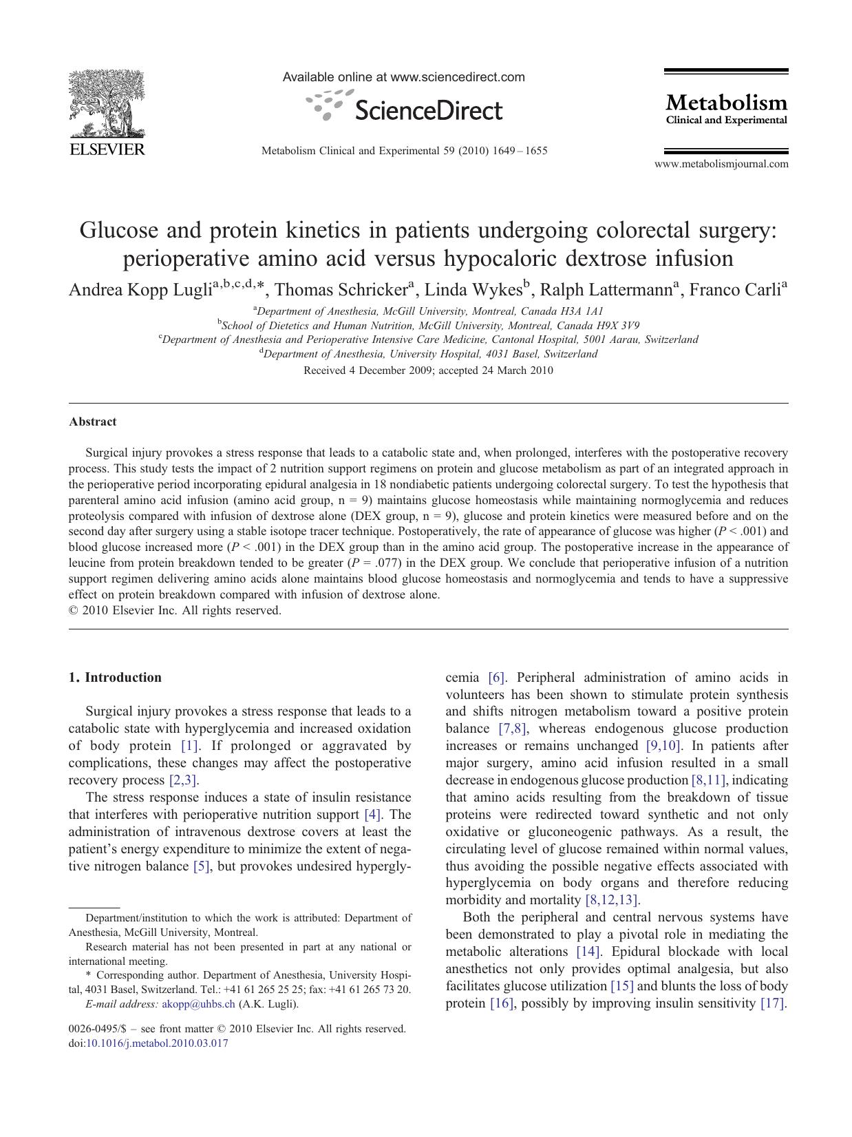 Glucose and protein kinetics in patients undergoing colorectal surgery: perioperative amino acid versus hypocaloric dextrose infusion by Andrea Kopp Lugli