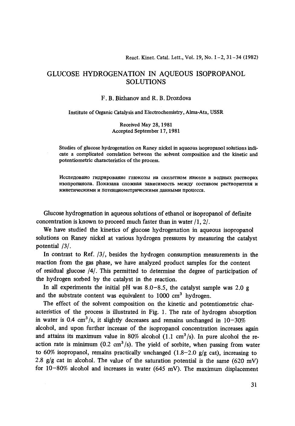 Glucose hydrogenation in aqueous isopropanol solutions by Unknown