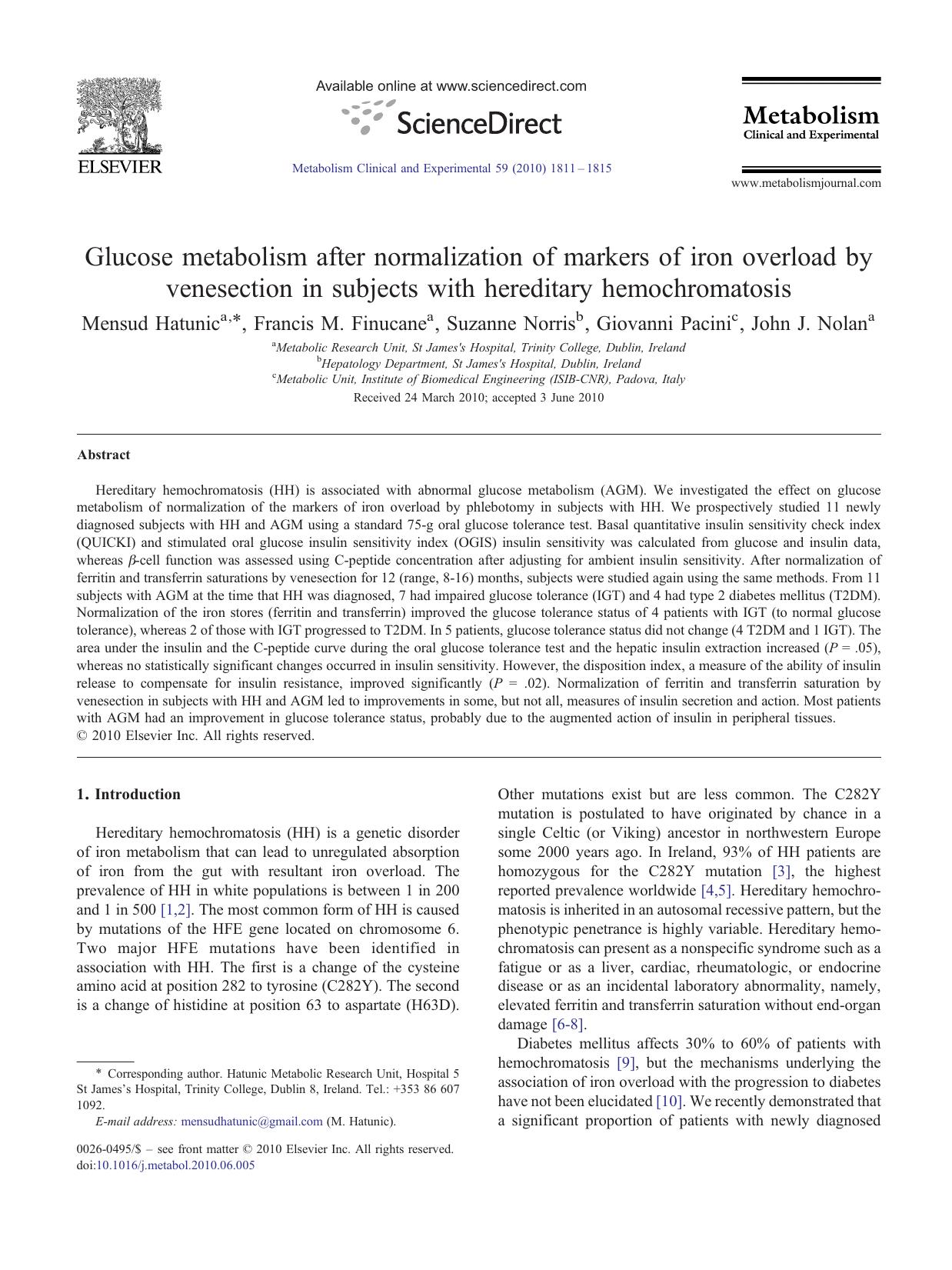 Glucose metabolism after normalization of markers of iron overload by venesection in subjects with hereditary hemochromatosis by Mensud Hatunic