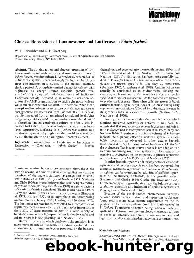 Glucose repression of luminescence and luciferase in <Emphasis Type="Italic">vibrio fischeri<Emphasis> by Unknown