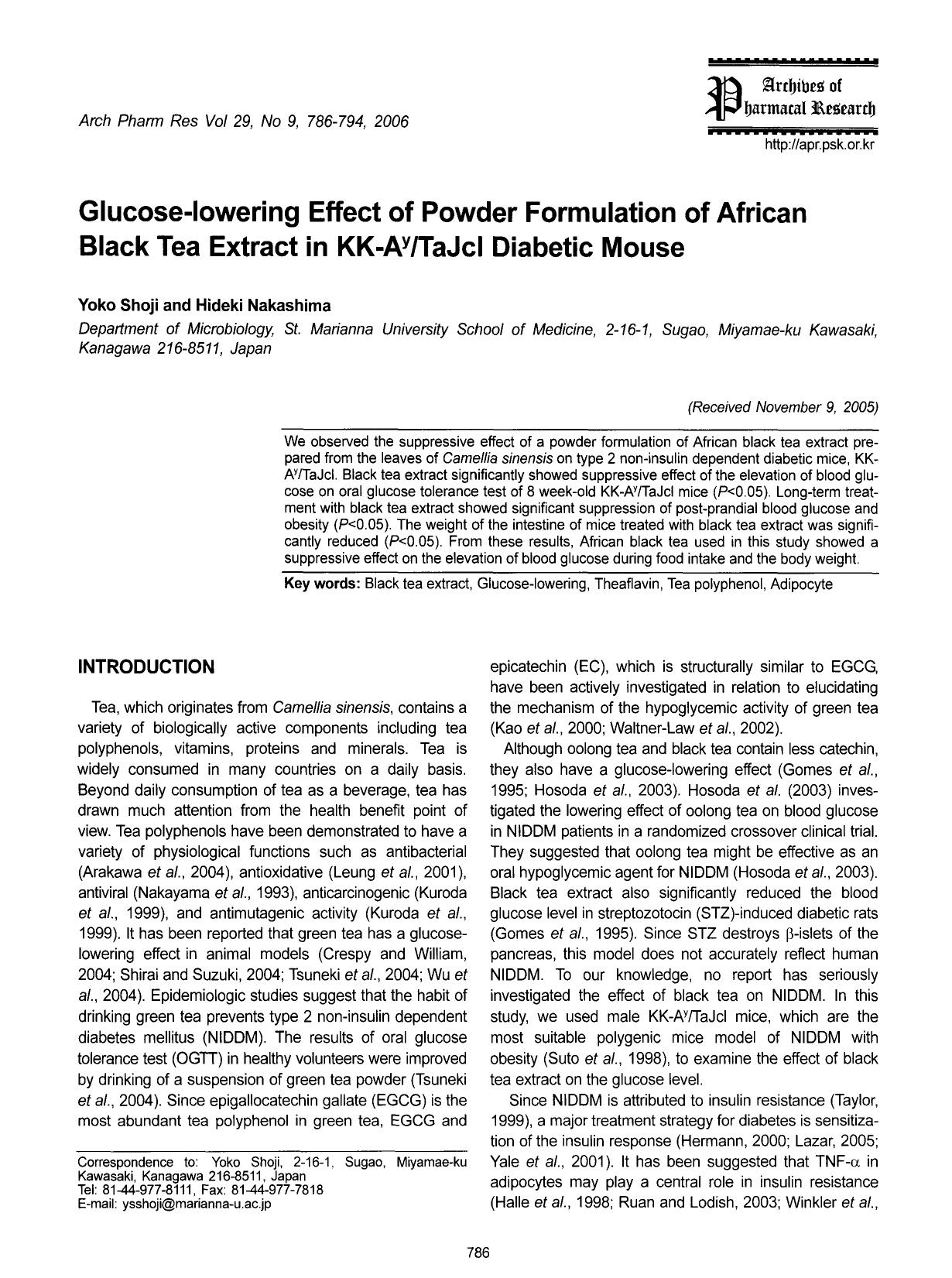 Glucose-lowering effect of powder formulation of African black tea extract in KK-A <Superscript>y <Superscript>TaJcl diabetic mouse by Unknown