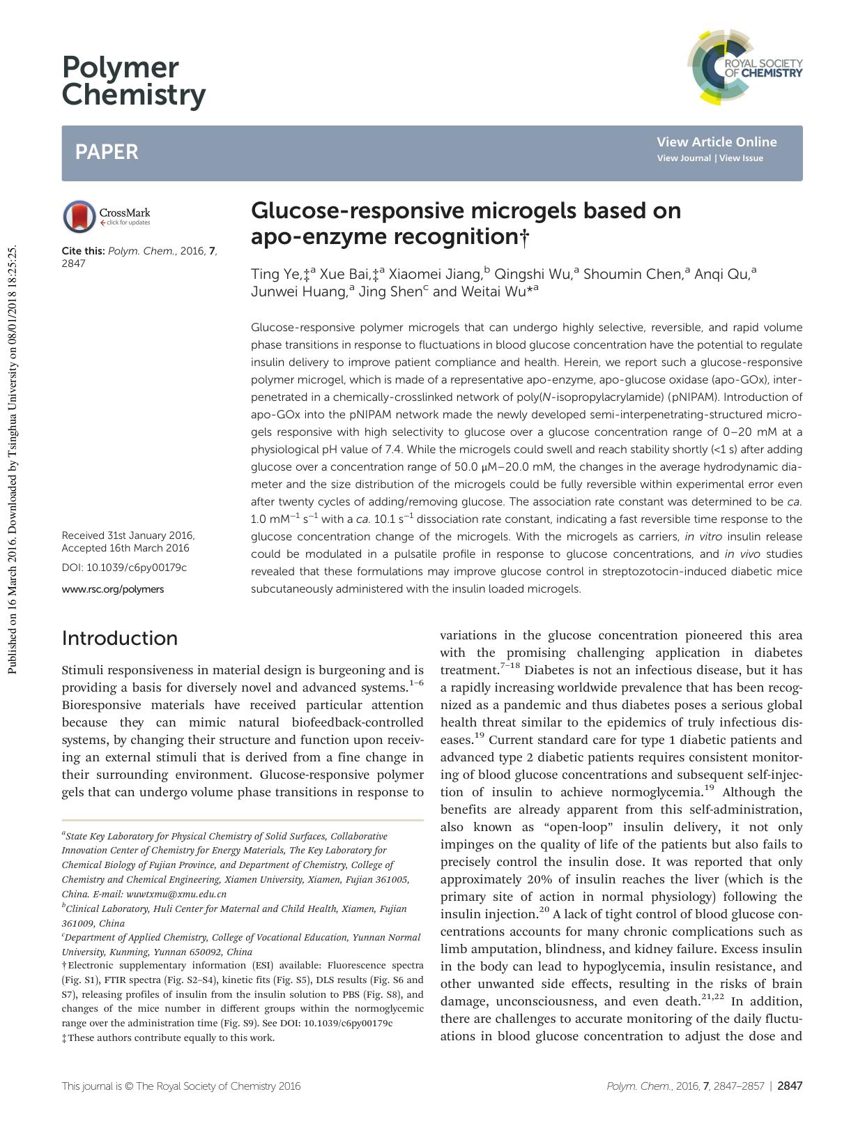 Glucose-responsive microgels based on apo-enzyme recognition by unknow