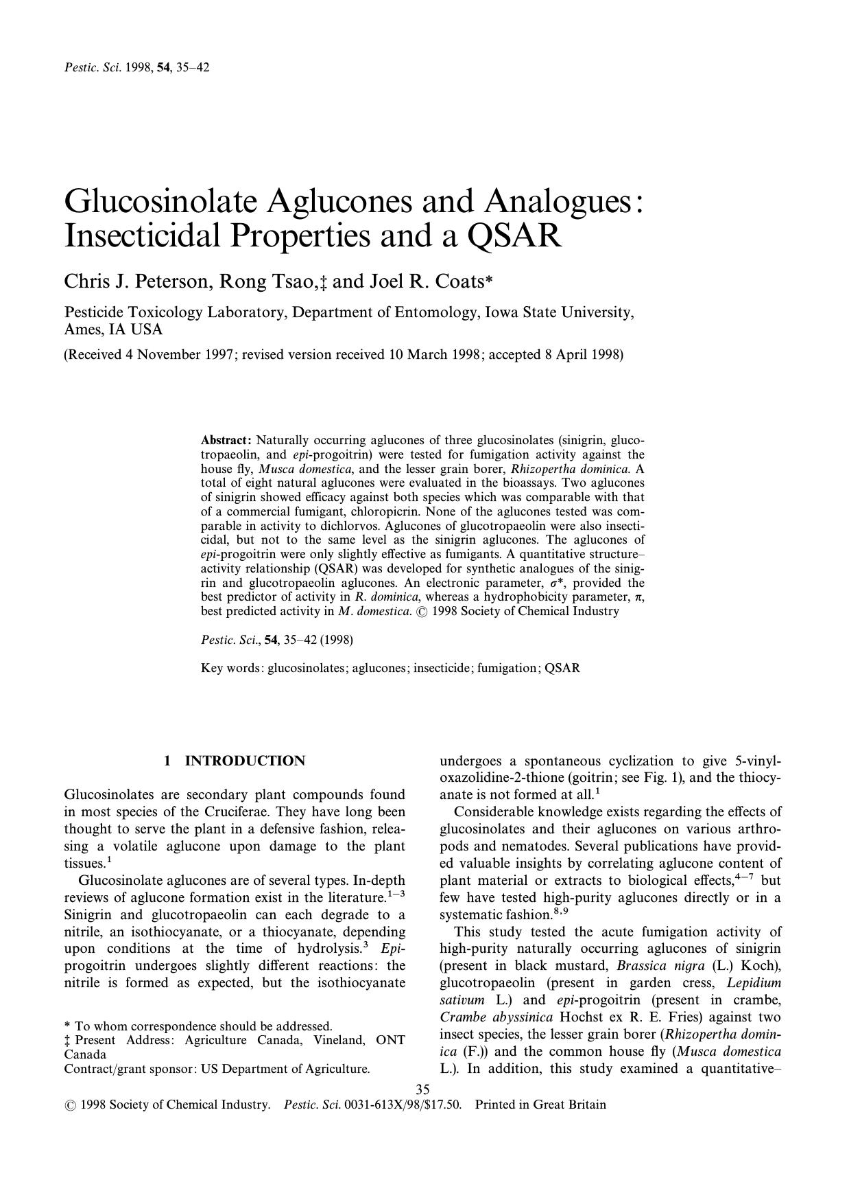 Glucosinolate aglucones and analogues: insecticidal properties and a QSAR by Peterson Tsao Coats