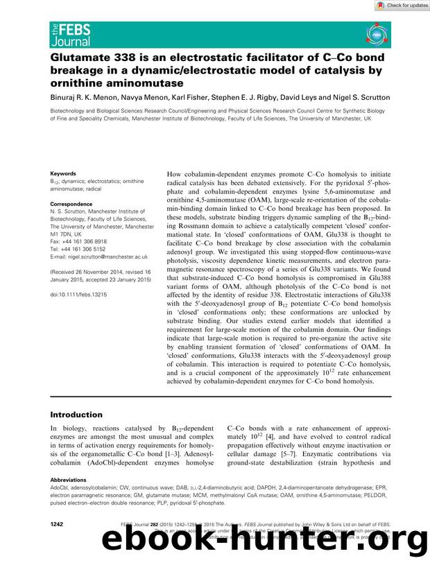 Glutamate 338 is an electrostatic facilitator of CâCo bond breakage in a dynamicelectrostatic model of catalysis by ornithine aminomutase by Unknown