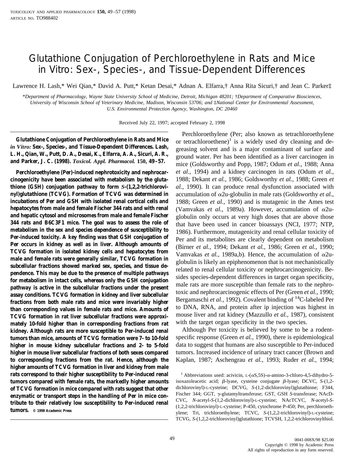 Glutathione Conjugation of Perchloroethylene in Rats and Mice in Vitro: Sex-, Species-, and Tissue-Dependent Differences by Lash L. H. et al