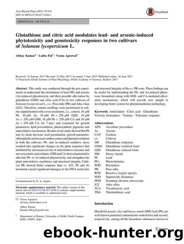 Glutathione and citric acid modulates lead- and arsenic-induced phytotoxicity and genotoxicity responses in two cultivars of Solanum lycopersicum L. by Abhay Kumar & Lalita Pal & Veena Agrawal