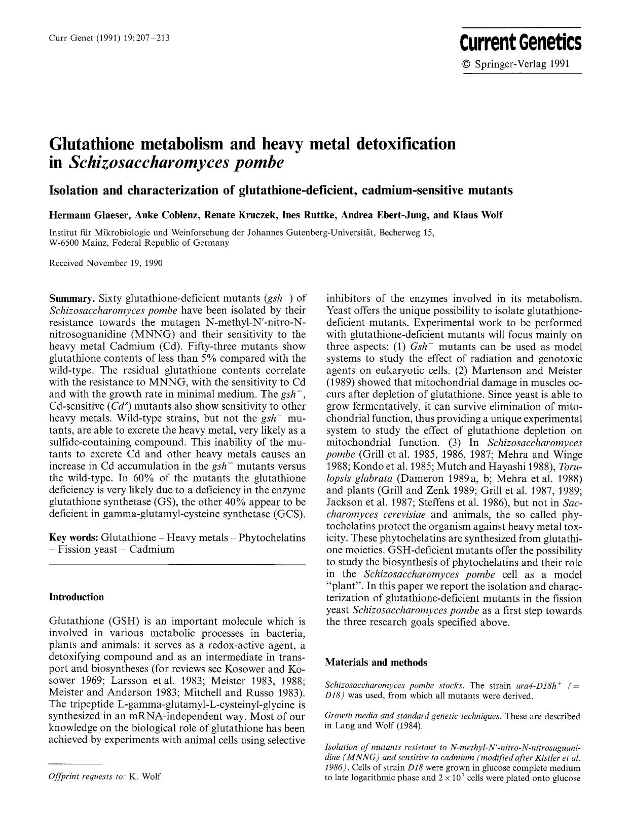 Glutathione metabolism and heavy metal detoxification in <Emphasis Type="Italic">Schizosaccharomyces pombe<Emphasis> by Unknown
