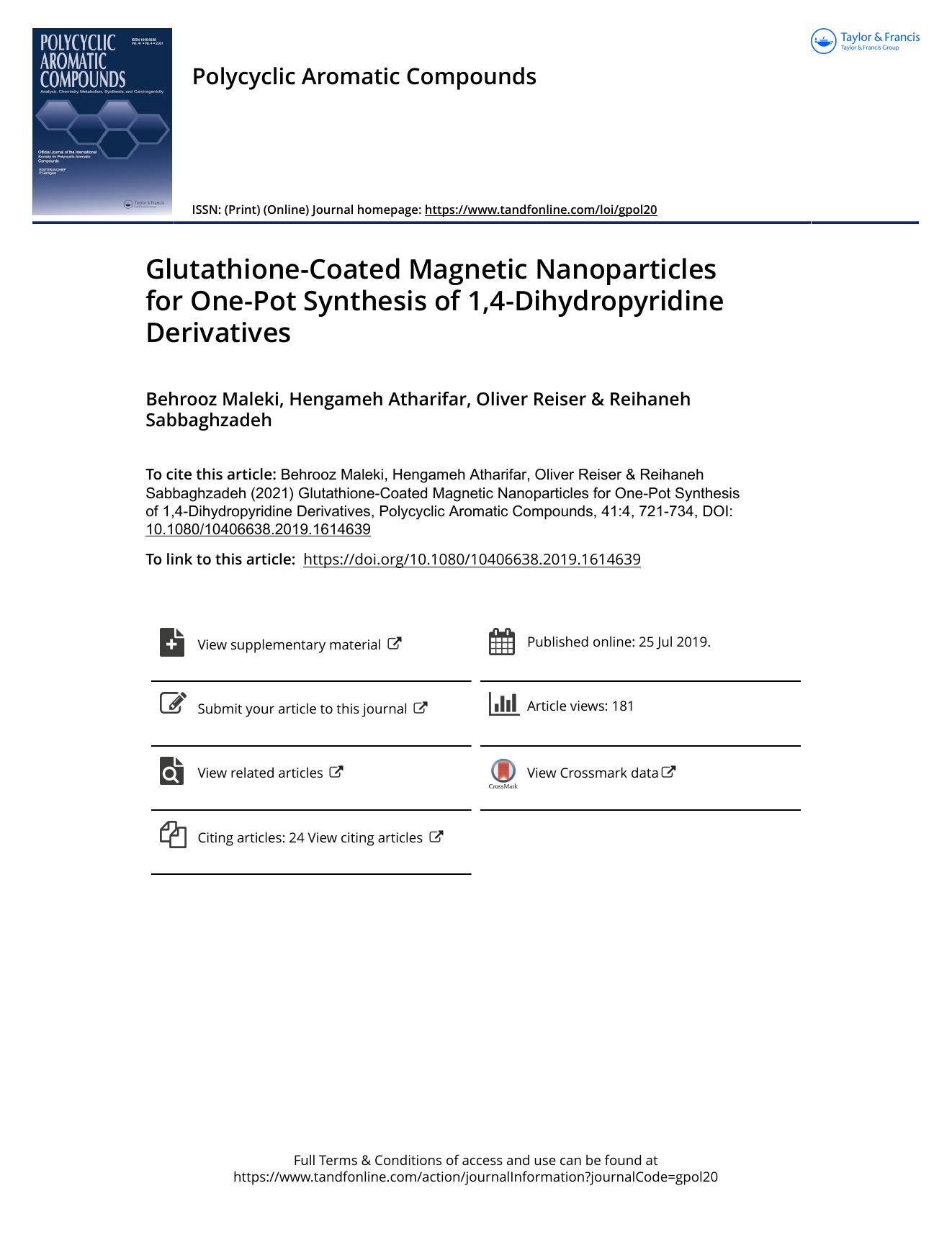 Glutathione-Coated Magnetic Nanoparticles for One-Pot Synthesis of 1,4-Dihydropyridine Derivatives by Maleki Behrooz & Atharifar Hengameh & Reiser Oliver & Sabbaghzadeh Reihaneh