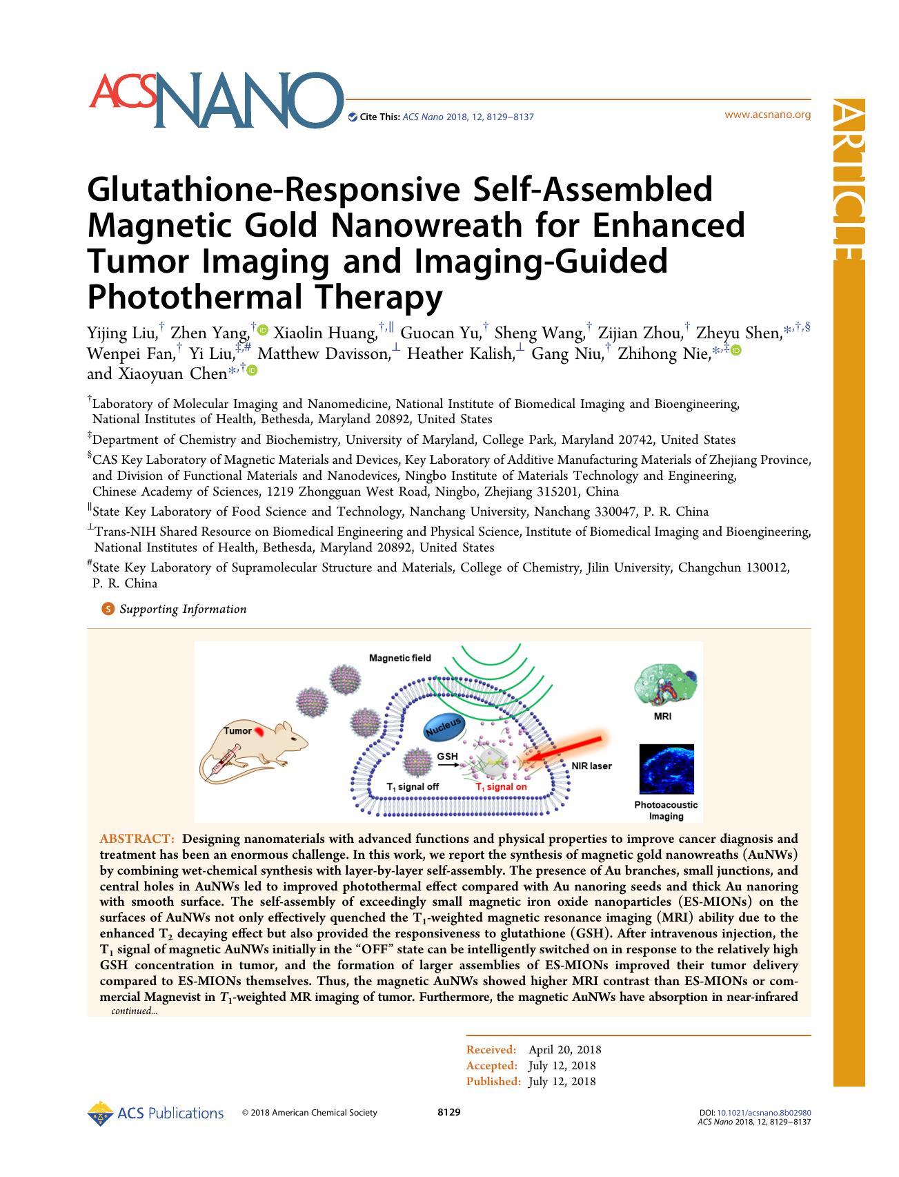 Glutathione-Responsive Self-Assembled Magnetic Gold Nanowreath for Enhanced Tumor Imaging and Imaging-Guided Photothermal Therapy by unknow