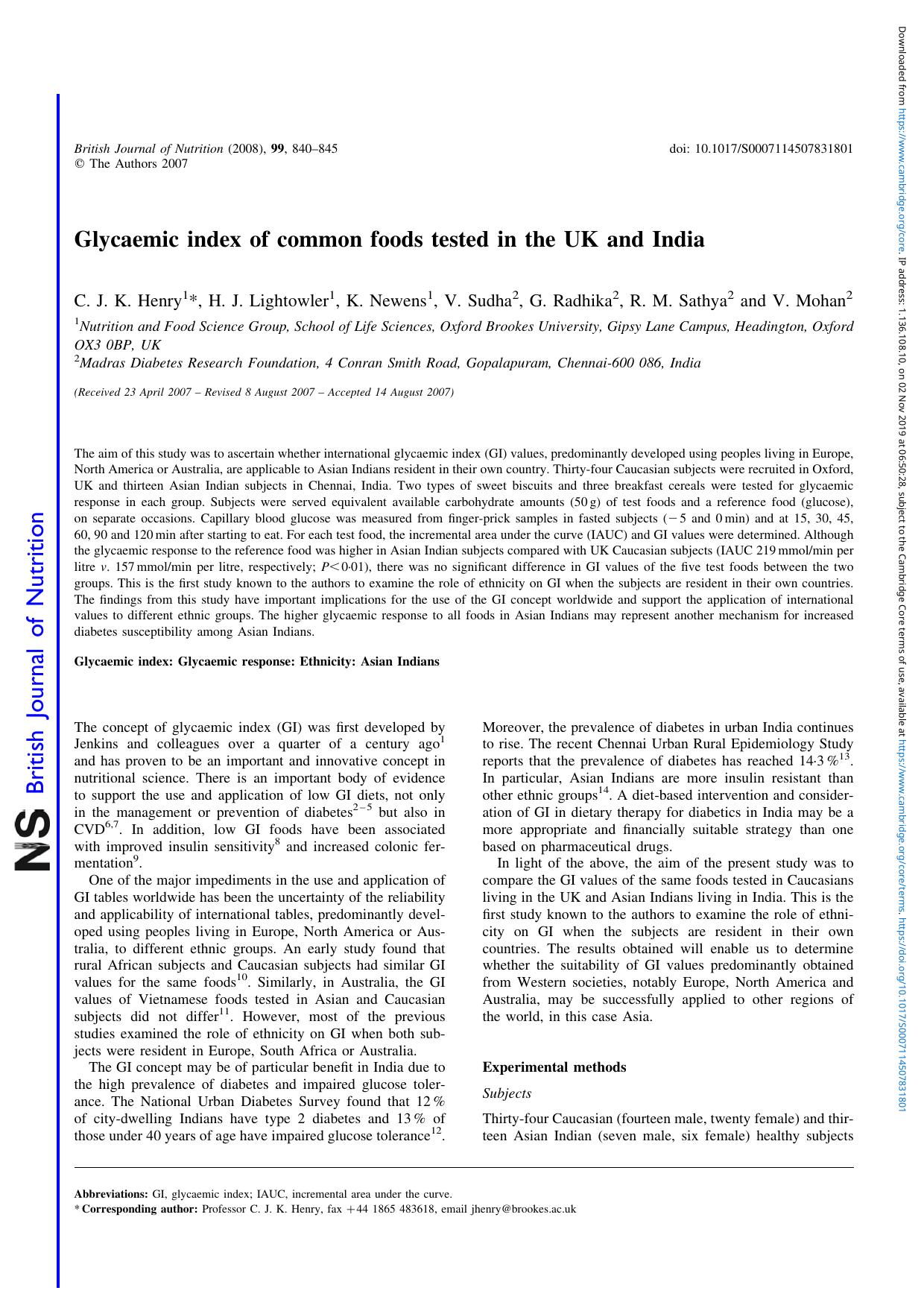 Glycaemic index of common foods tested in the UK and India by C. J. K. Henry H. J. Lightowler K. Newens V. Sudha G. Radhika R. M. Sathya V. Mohan