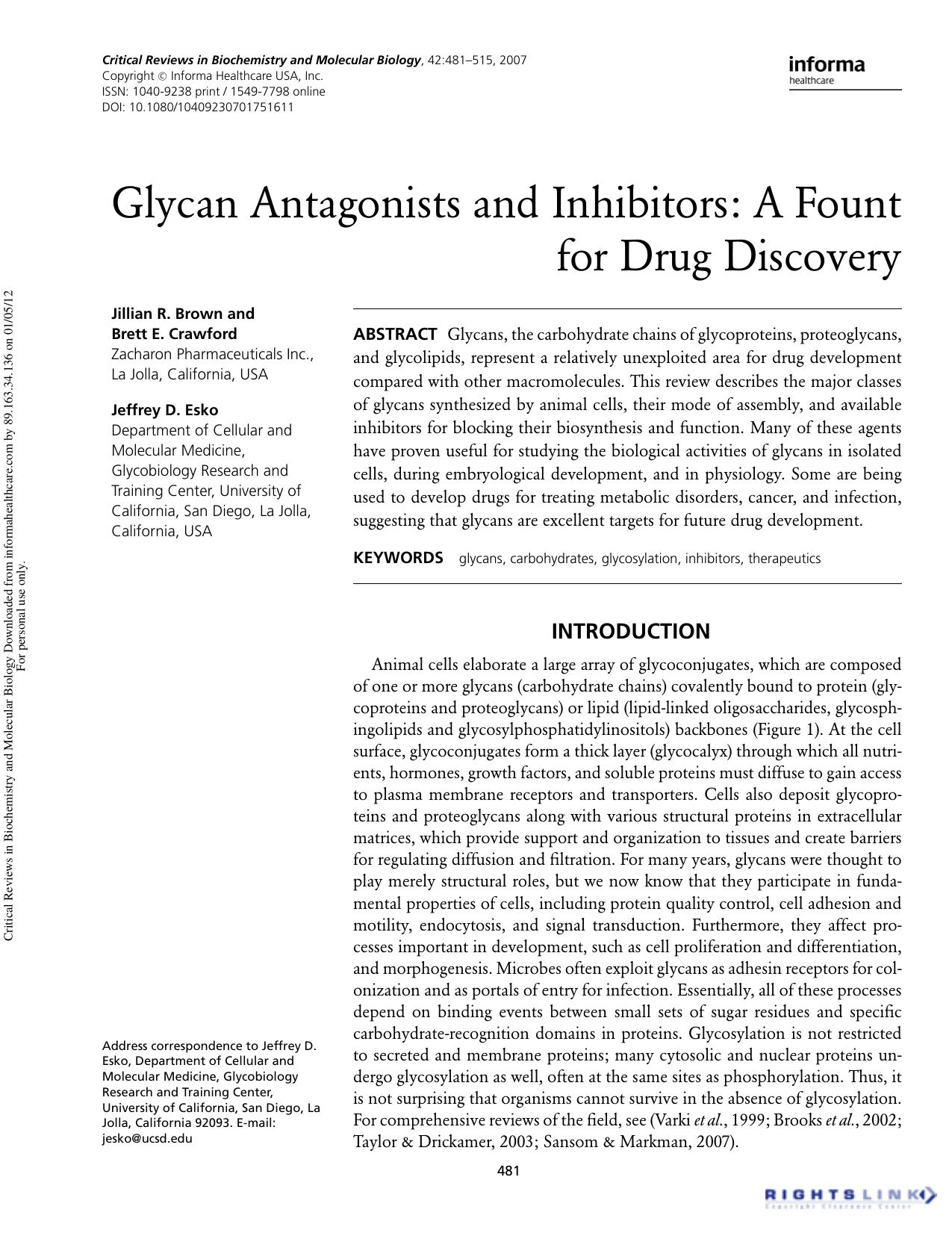 Glycan Antagonists and Inhibitors: A Fount for Drug Discovery by Jillian R. Brown Brett E. Crawford & Jeffrey D. Esko