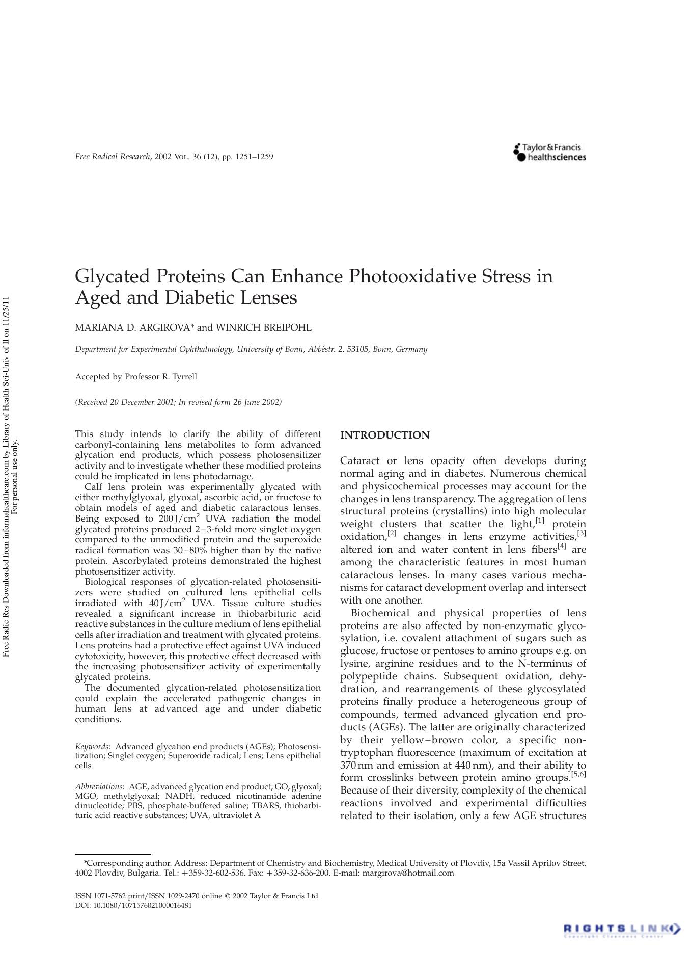 Glycated Proteins Can Enhance Photooxidative Stress in Aged and Diabetic Lenses by Mariana D. Argirova & Winrich Breipohl