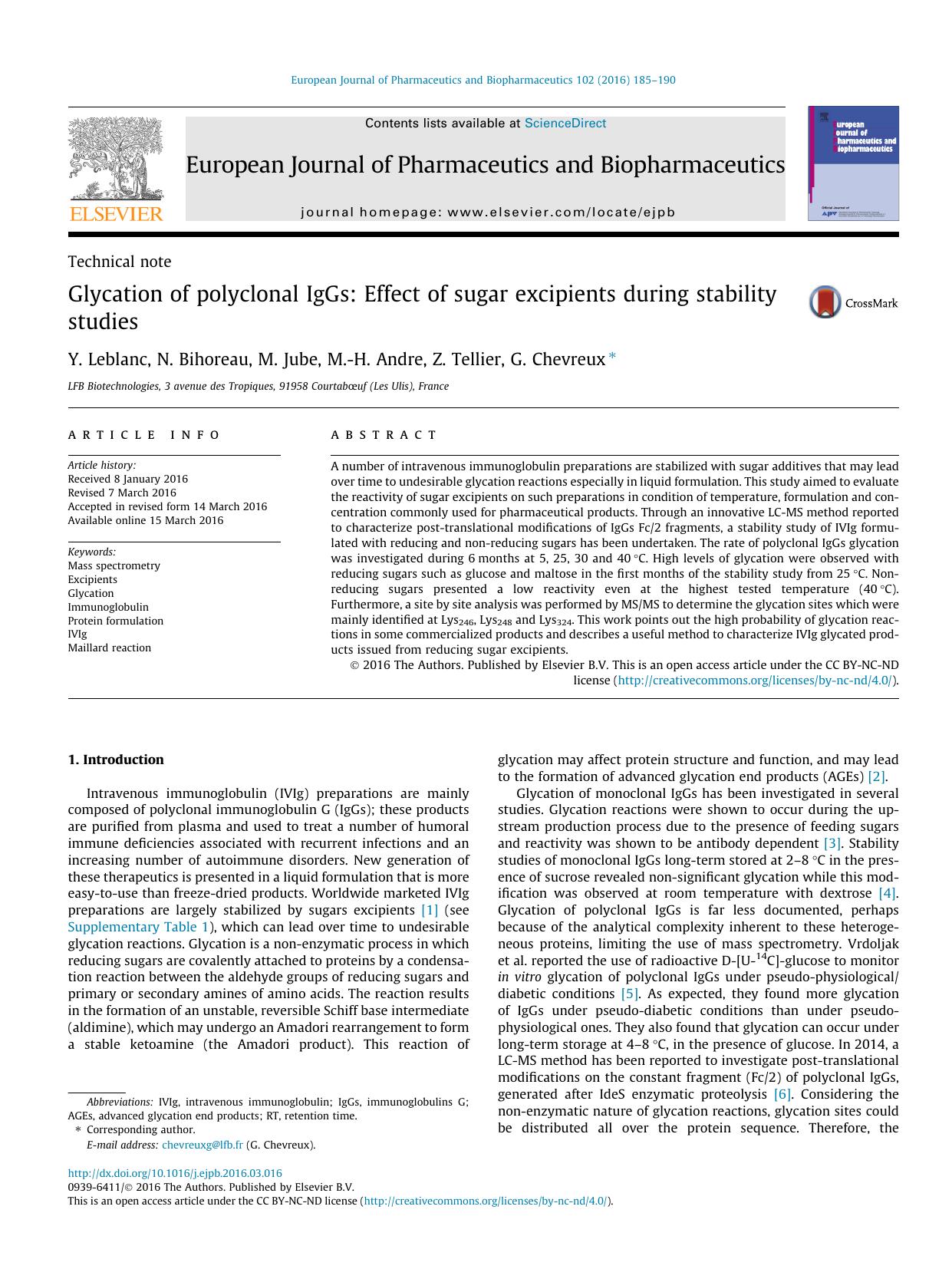 Glycation of polyclonal IgGs: Effect of sugar excipients during stability studies by Y. Leblanc & N. Bihoreau & M. Jube & M.-H. Andre & Z. Tellier & G. Chevreux