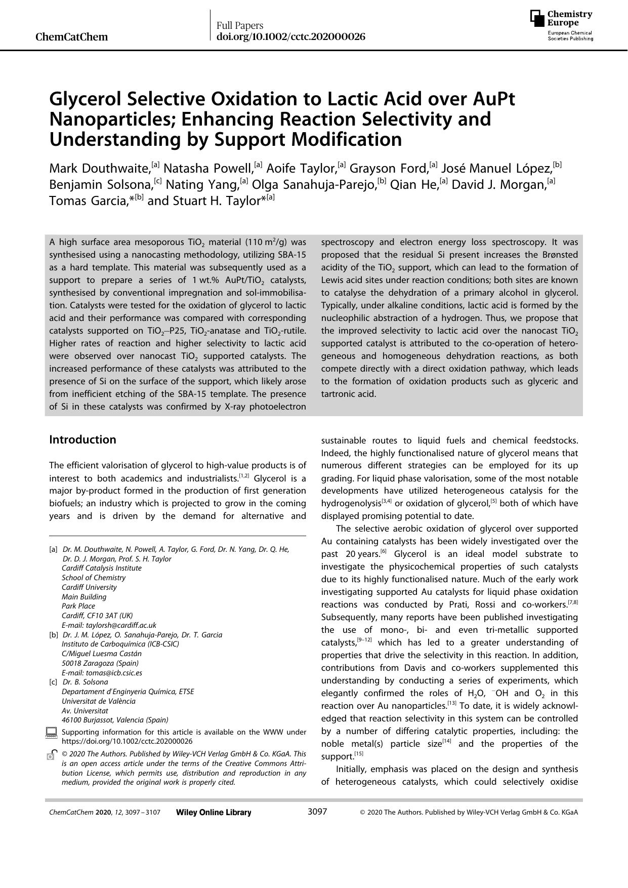 Glycerol Selective Oxidation to Lactic Acid over AuPt Nanoparticles; Enhancing Reaction Selectivity and Understanding by Support Modification by Unknown