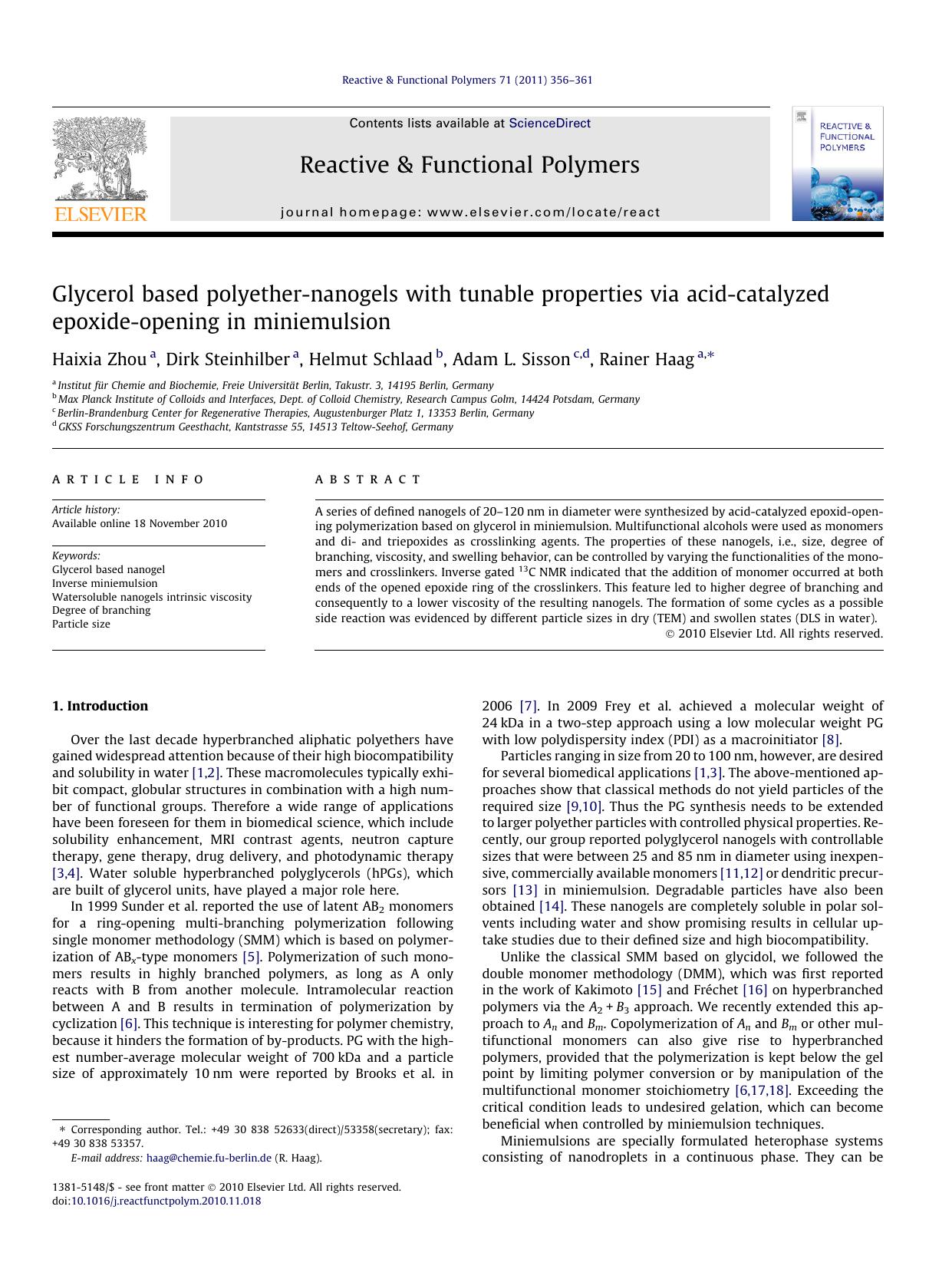 Glycerol based polyether-nanogels with tunable properties via acid-catalyzed epoxide-opening in miniemulsion by Haixia Zhou & Dirk Steinhilber & Helmut Schlaad & Adam L. Sisson & Rainer Haag
