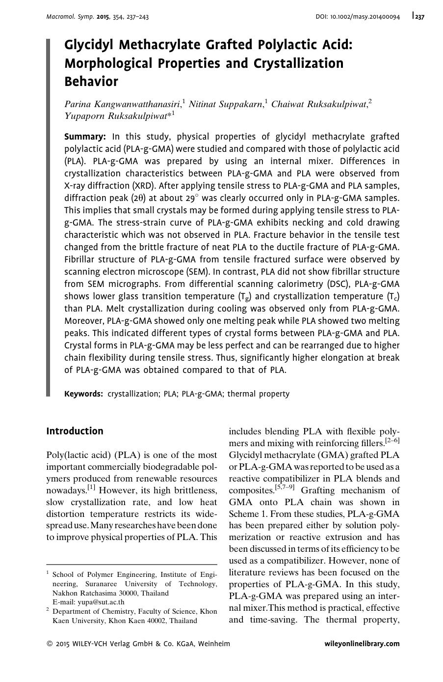 Glycidyl Methacrylate Grafted Polylactic Acid: Morphological Properties and Crystallization Behavior by Unknown