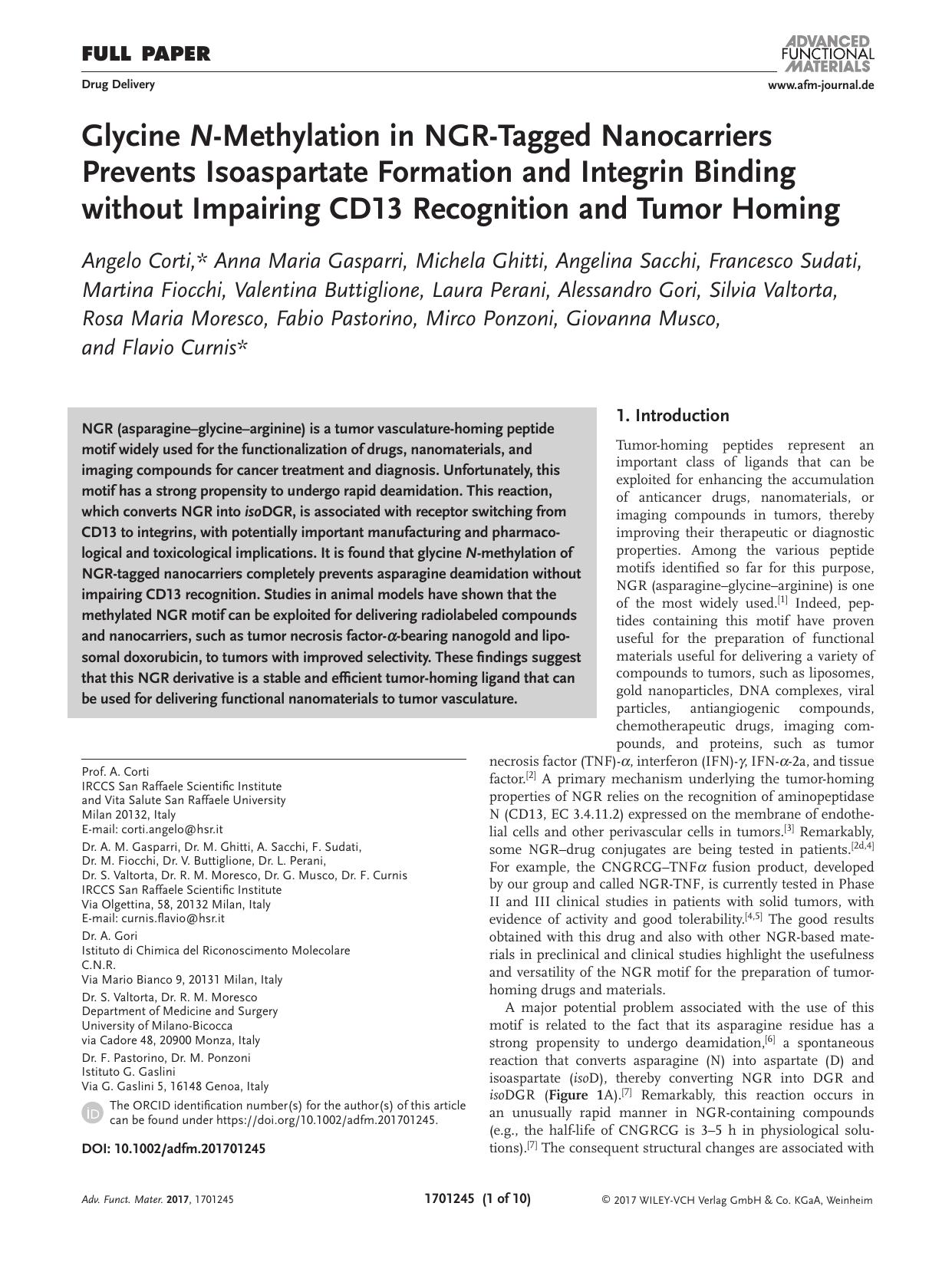 Glycine N&#x02010;Methylation in NGR&#x02010;Tagged Nanocarriers Prevents Isoaspartate Formation and Integrin Binding without Impairing CD13 Recognition and Tumor Homing by Unknown