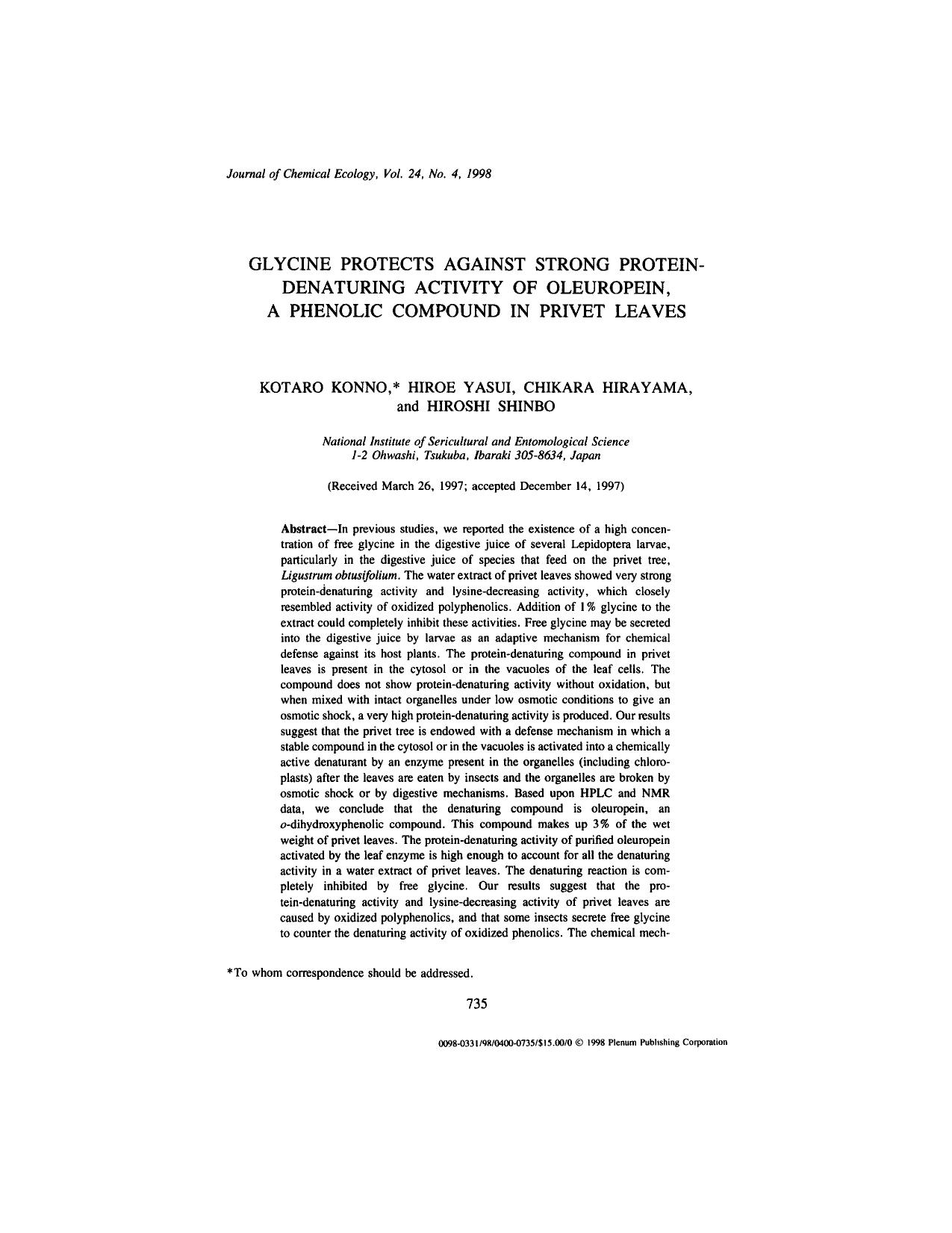 Glycine Protects Against Strong Protein-Denaturing Activity of Oleuropein, a Phenolic Compound in Privet Leaves by Unknown