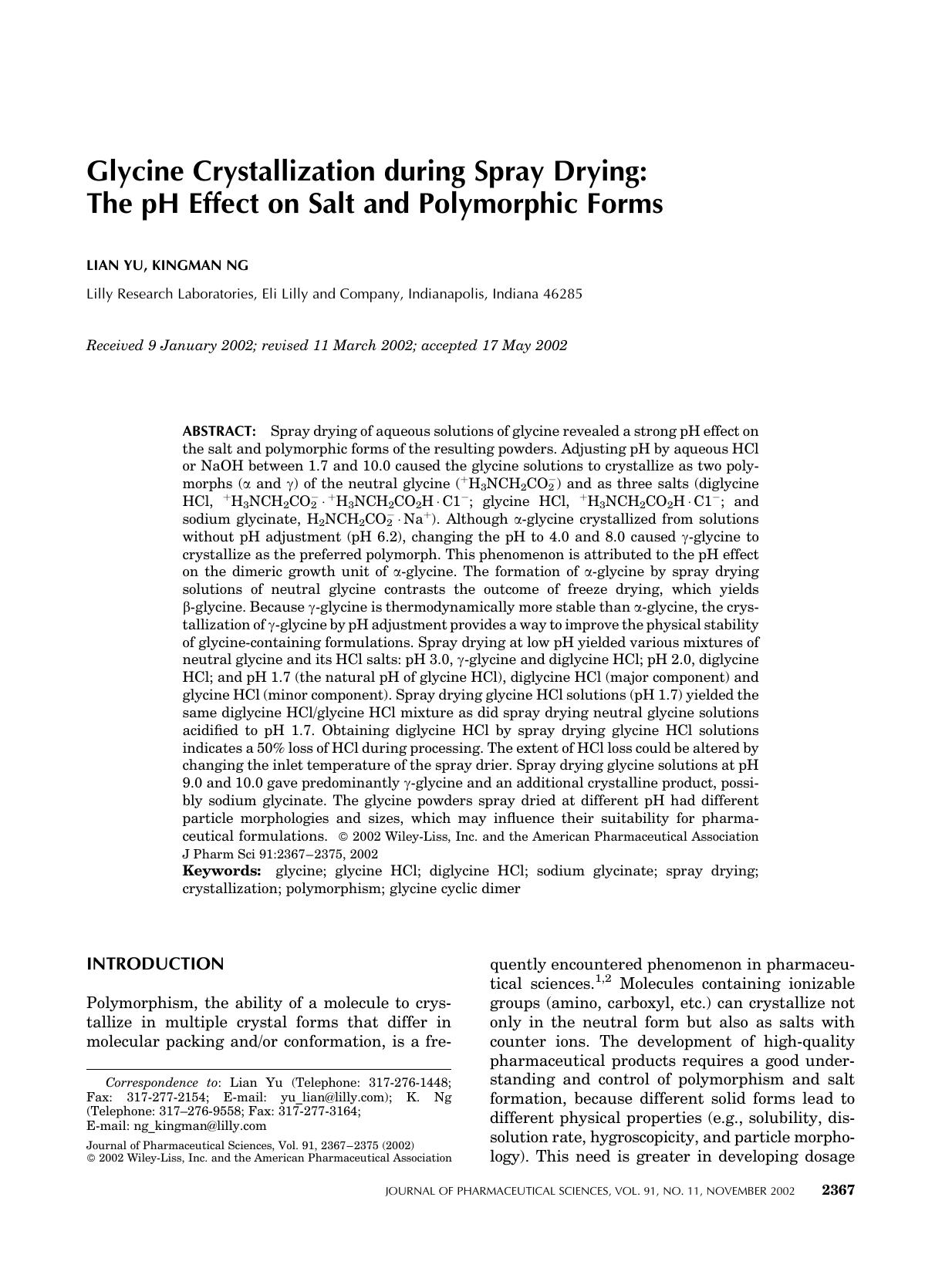 Glycine crystallization during spray drying: The pH Effect on Salt and Polymorphic Forms by Unknown