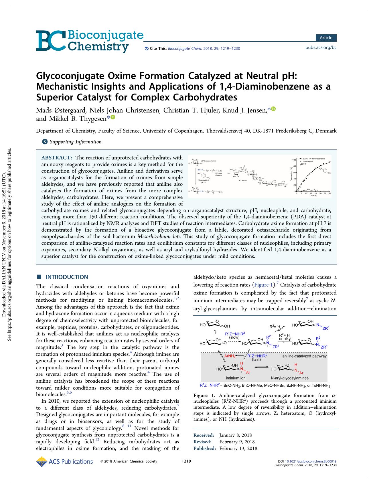 Glycoconjugate Oxime Formation Catalyzed at Neutral pH: Mechanistic Insights and Applications of 1,4-Diaminobenzene as a Superior Catalyst for Complex Carbohydrates by Mads Østergaard Niels Johan Christensen Christian T. Hjuler Knud J. Jensen & Mikkel B. Thygesen