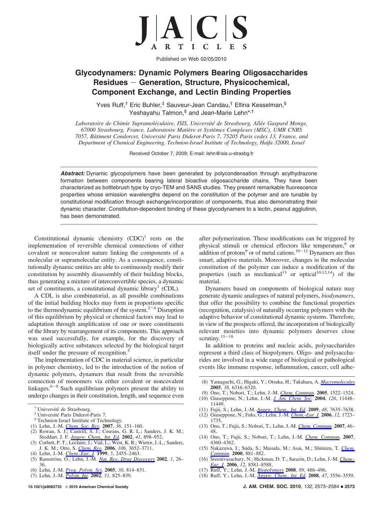 Glycodynamers: Dynamic Polymers Bearing Oligosaccharides Residues Generation, Structure, Physicochemical, Component Exchange, and Lectin Binding Properties by Unknown