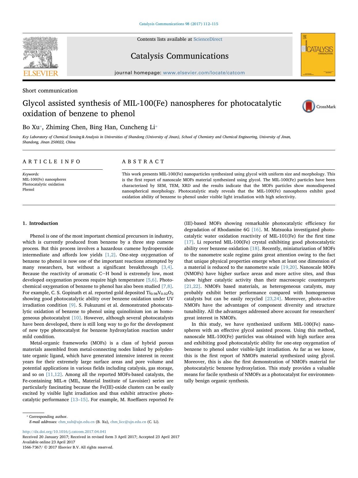 Glycol assisted synthesis of MIL-100(Fe) nanospheres for photocatalytic oxidation of benzene to phenol by Bo Xu & Zhiming Chen & Bing Han & Cuncheng Li