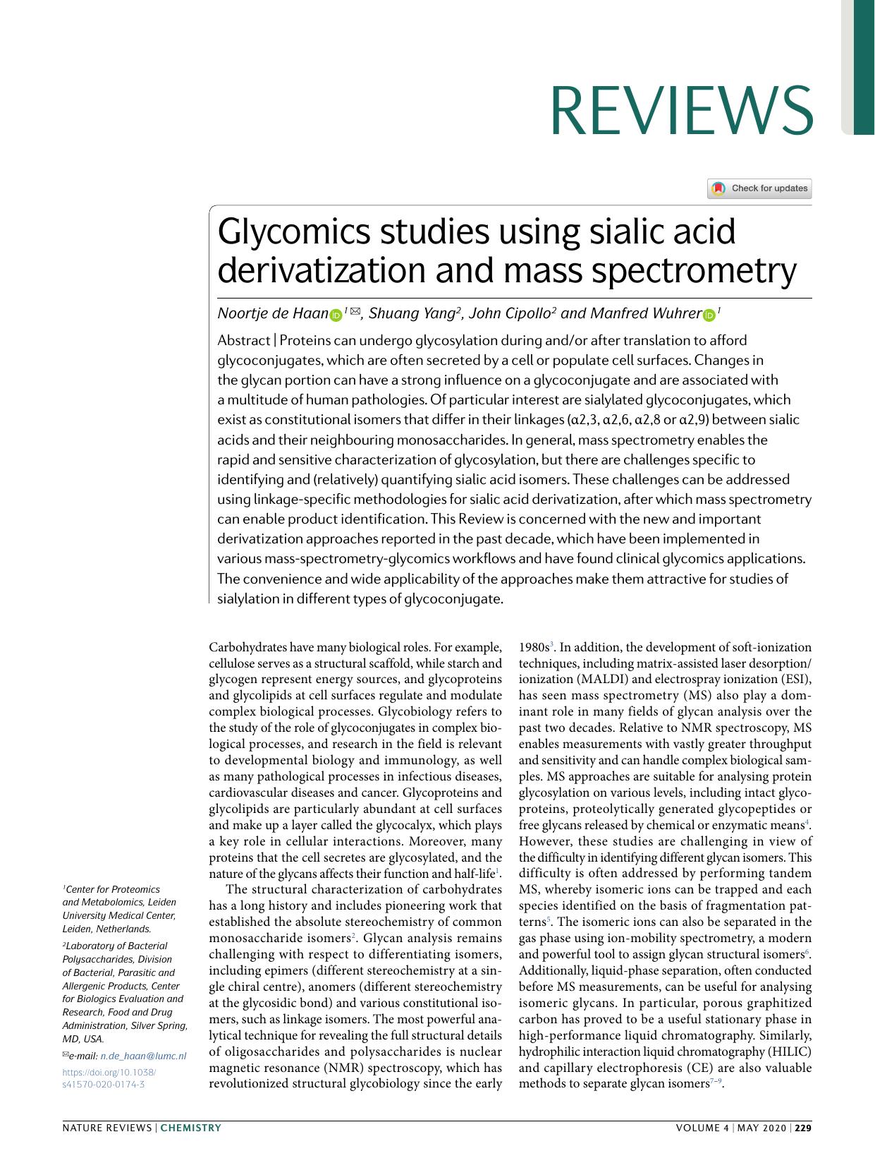 Glycomics studies using sialic acid derivatization and mass spectrometry by Noortje Haan & Shuang Yang & John Cipollo & Manfred Wuhrer