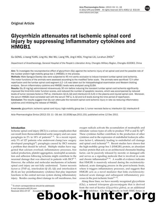 Glycyrrhizin attenuates rat ischemic spinal cord injury by suppressing inflammatory cytokines and HMGB1 by Gu Gong & Li-bang Yuan & Ling Hu & Wei Wu & Liang Yin & Jing-li Hou & Ying-hai Liu & Le-shun Zhou