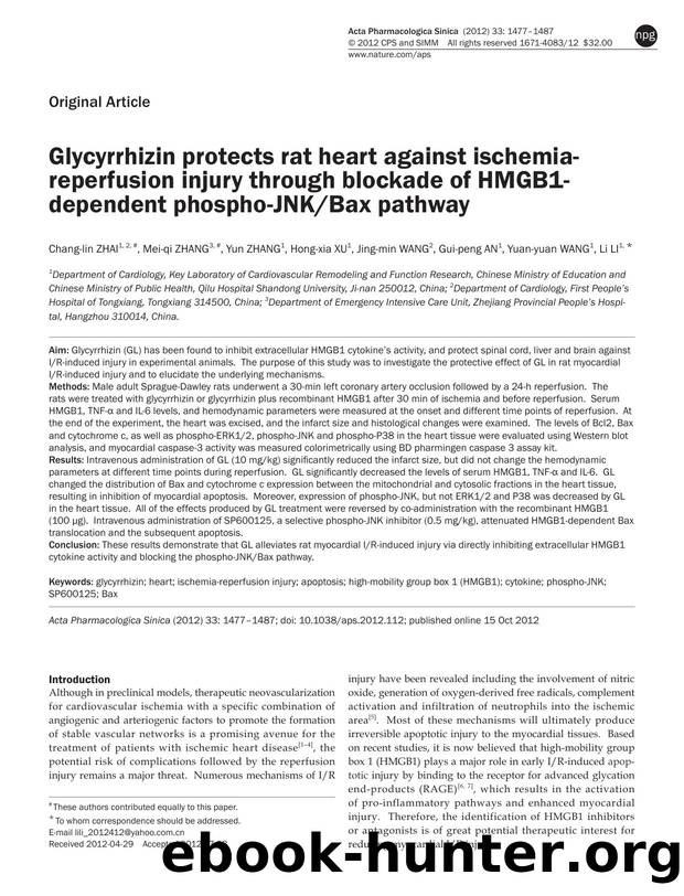 Glycyrrhizin protects rat heart against ischemia-reperfusion injury through blockade of HMGB1-dependent phospho-JNKBax pathway by unknow