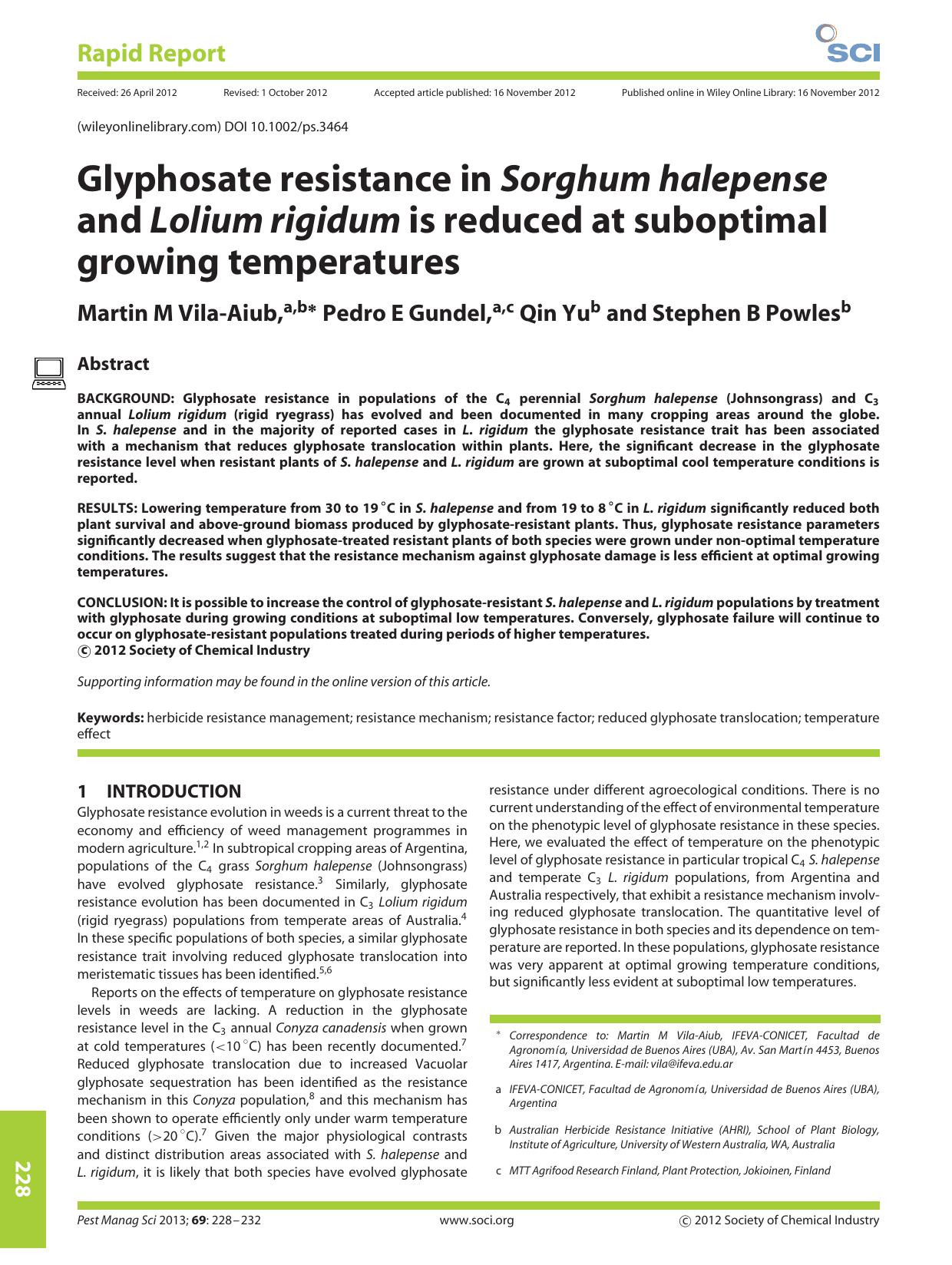 Glyphosate resistance in Sorghum halepense and Lolium rigidum is reduced at suboptimal growing temperatures by Unknown