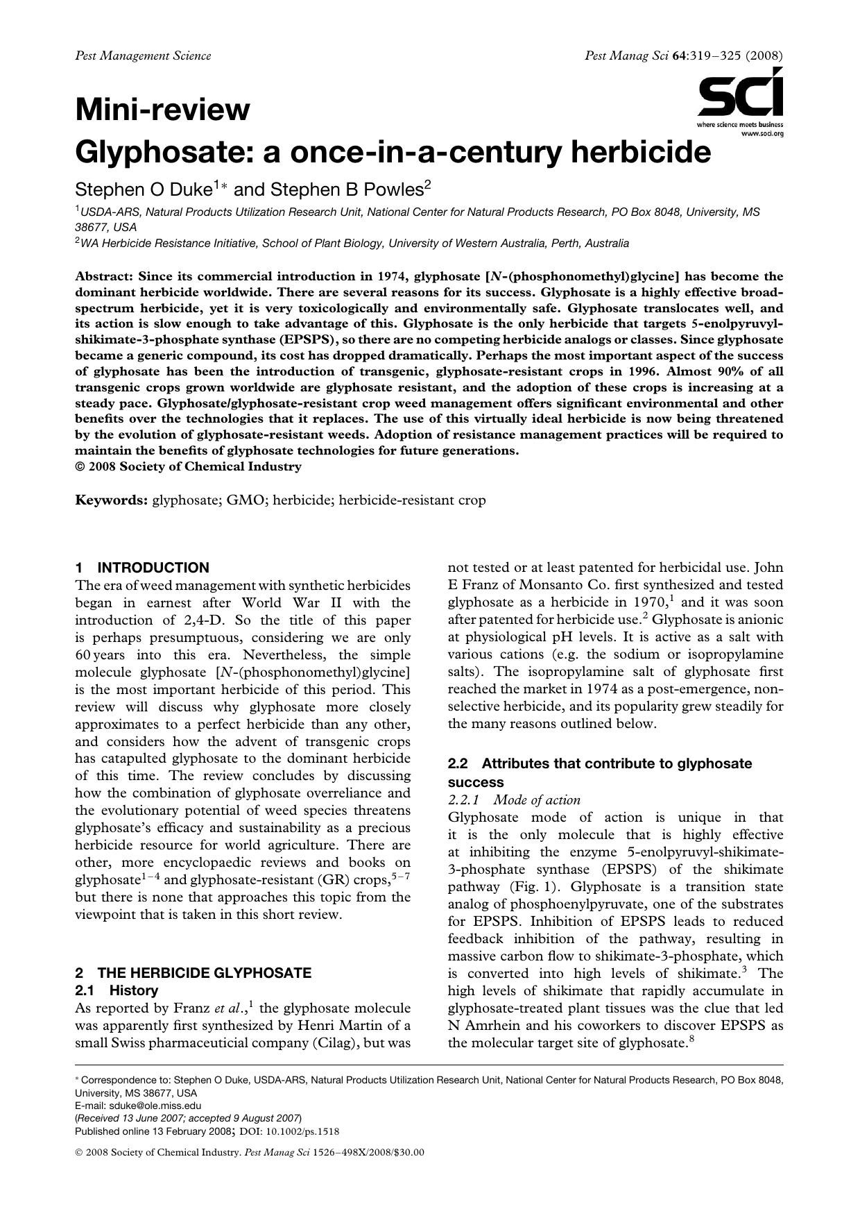 Glyphosate: a once-in-a-century herbicide by Unknown