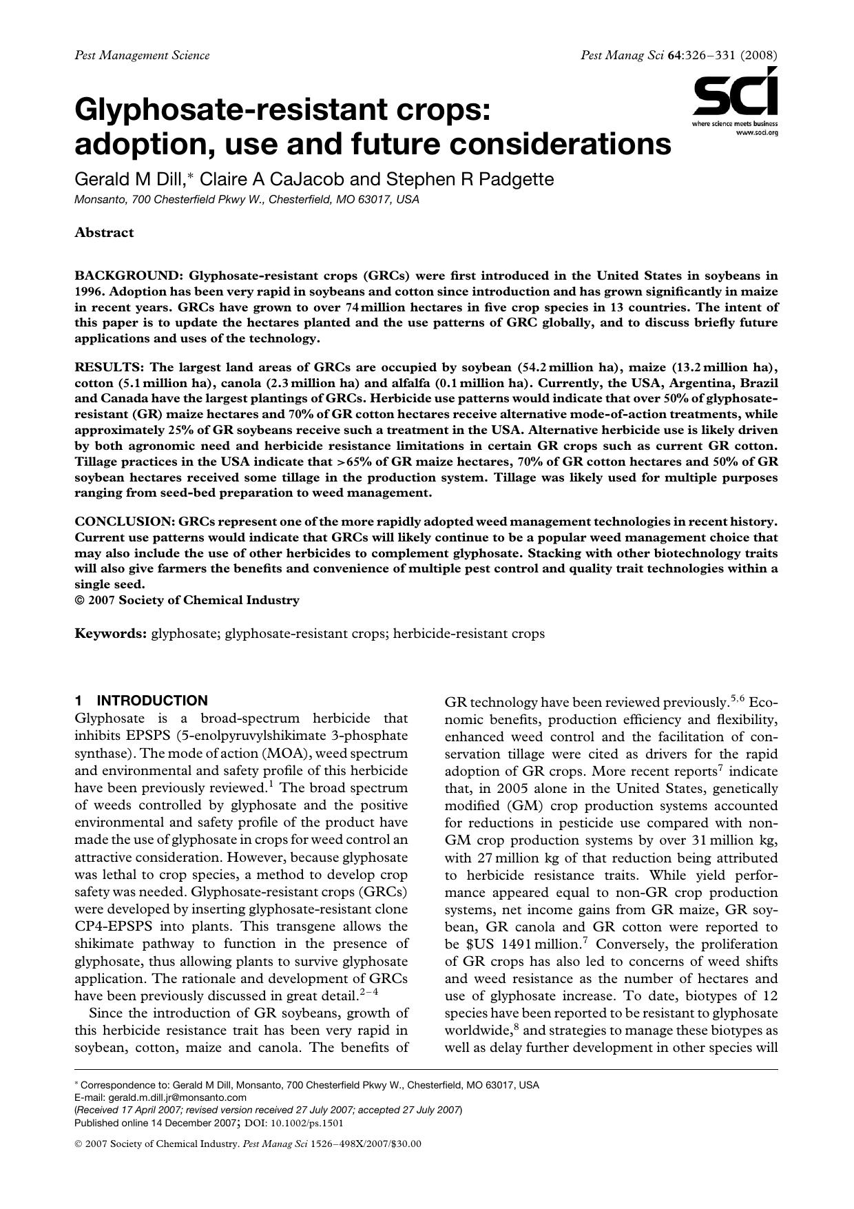 Glyphosate-resistant crops: adoption, use and future considerations by Unknown