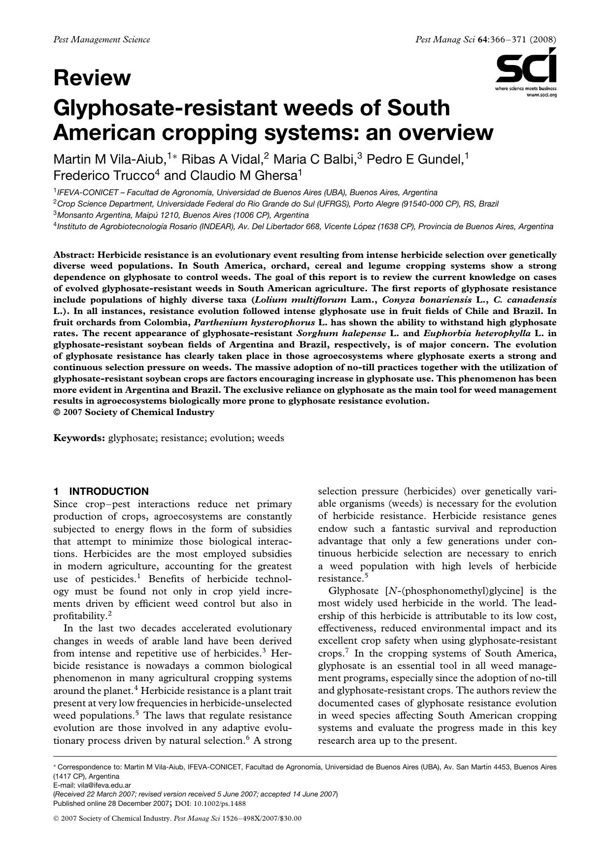 Glyphosate-resistant weeds of South American cropping systems: an overview by Unknown