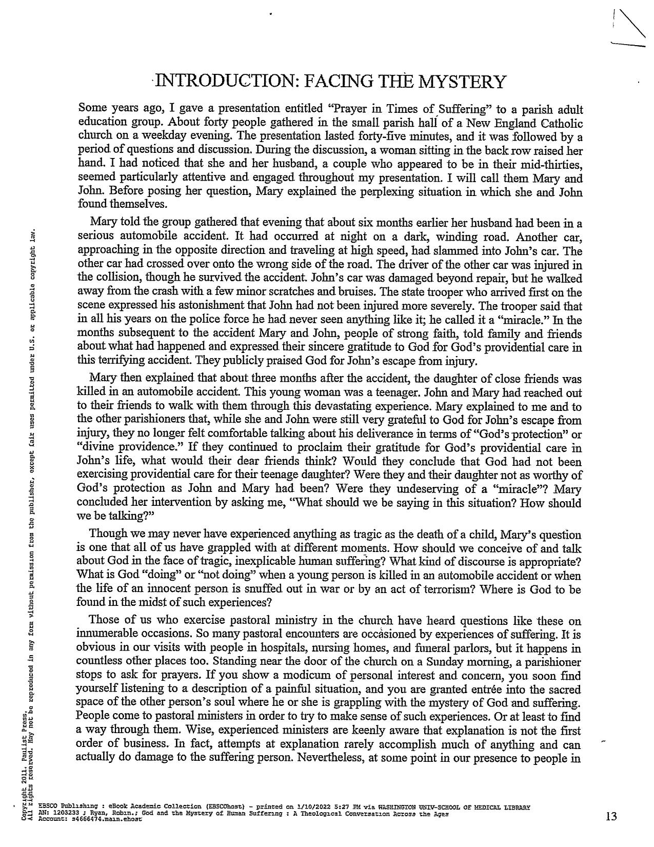 God and the Mystery of Human Suffering: A Theological Conversation across the Ages by Robin Ryan CP