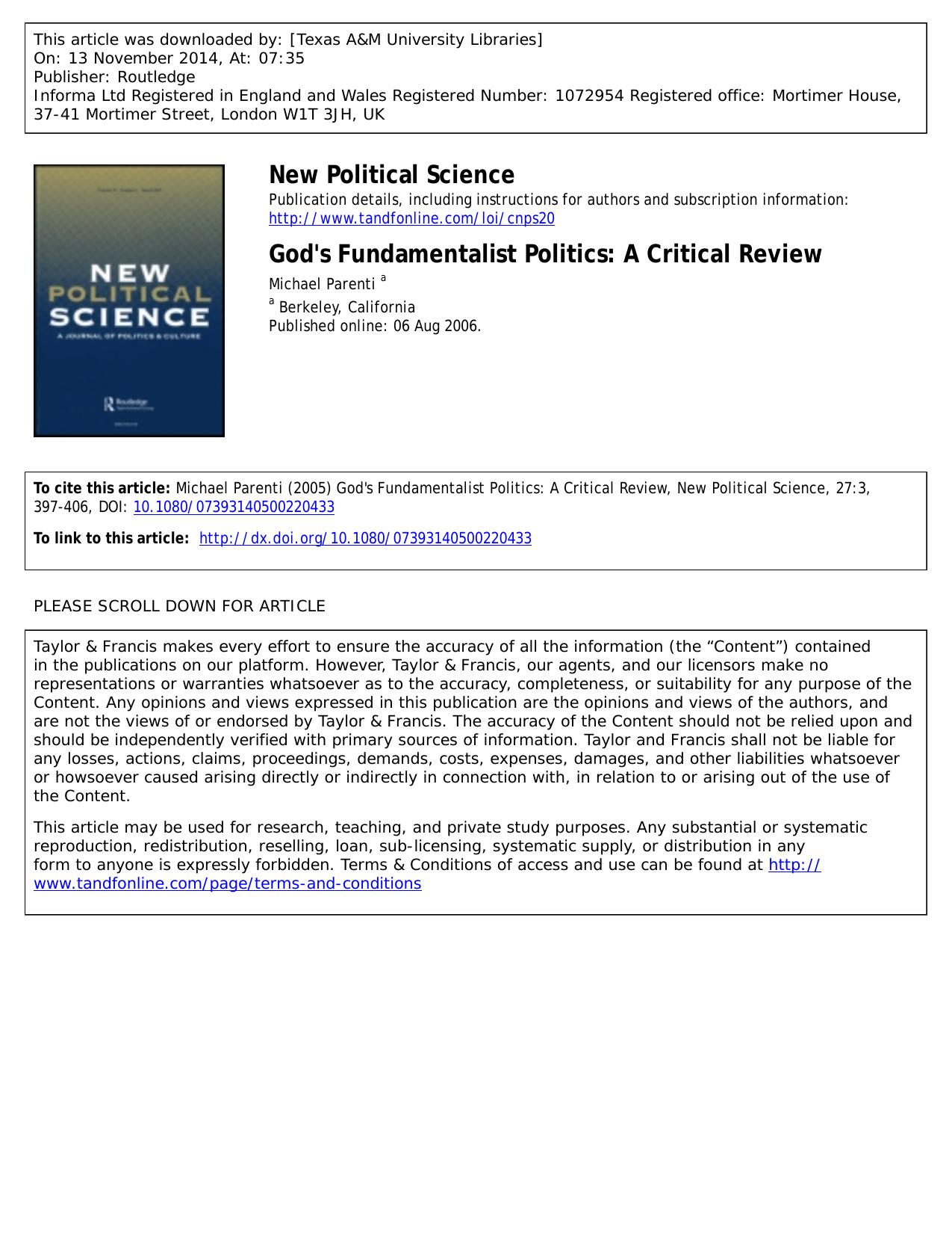 God's Fundamentalist Politics  A Critical Review by Unknown