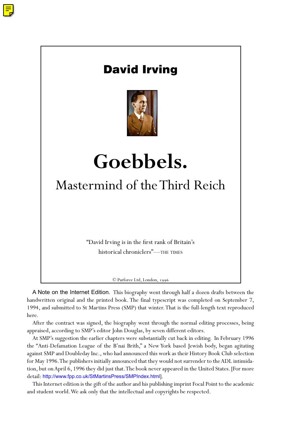 Goebbels - Mastermind Of The Third Reich Focal Point London by Irving David