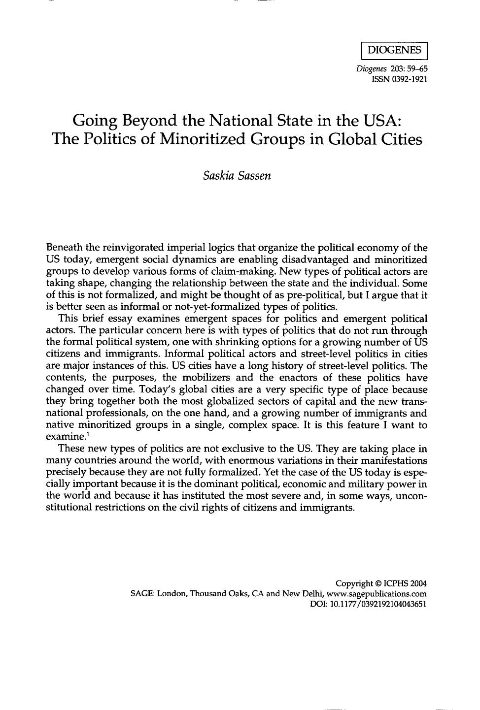 Going Beyond The National State In The USA [The Politics Of Minoritized Groups In Global Cities] by Unknown